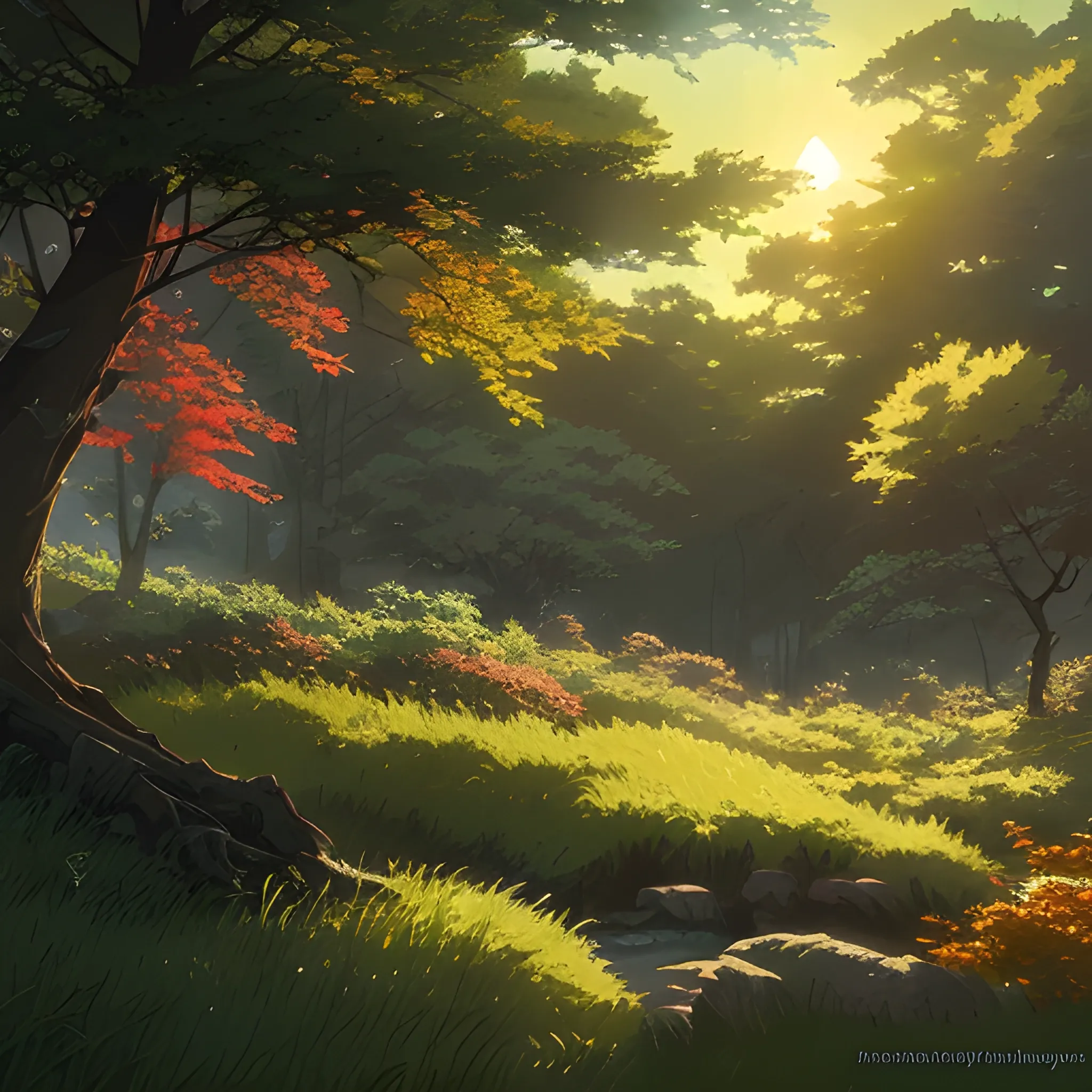 close up on foliage with glimmer of sun... in the style of makoto shinkai and greg rutkowski and albert bierstadt and james gurney, Cartoon