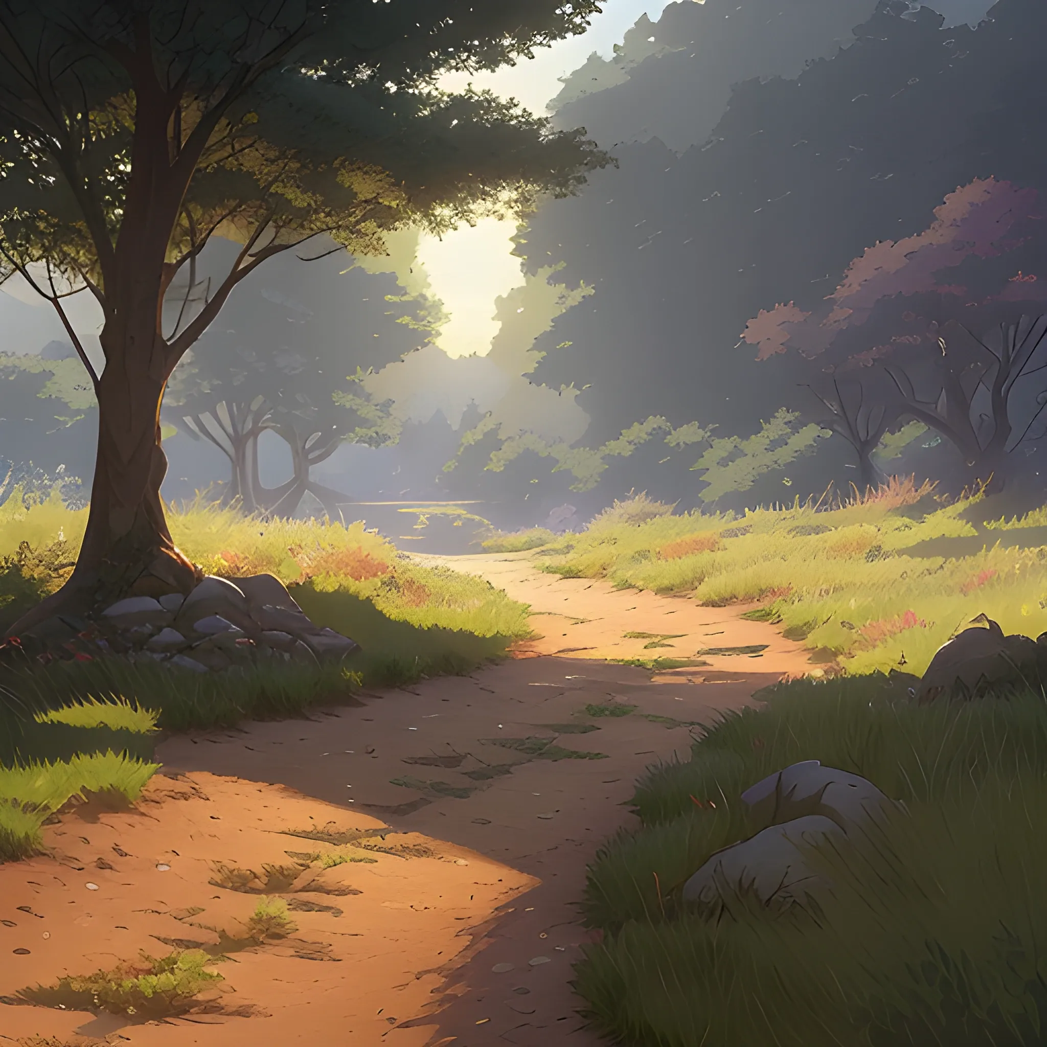 a dirt path with grasses and stony and glimmer of sun... in the style of makoto shinkai and greg rutkowski and albert bierstadt and james gurney, Cartoon