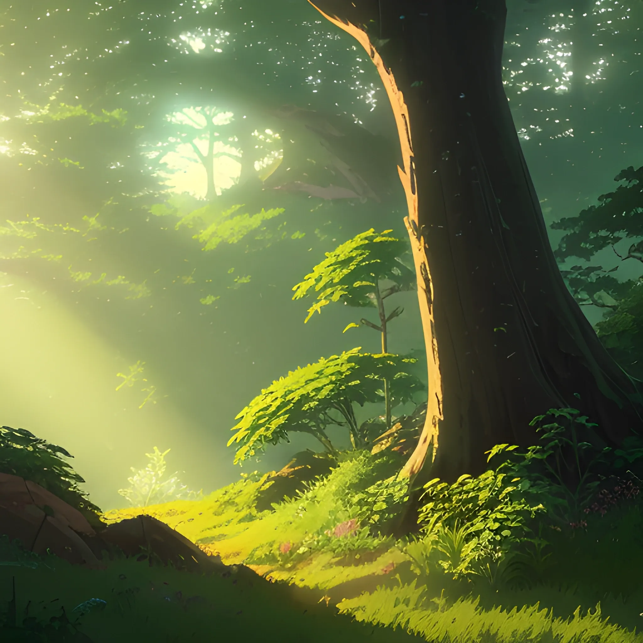 close up on foliage with glimmer of sun... in the style of makoto shinkai and greg rutkowski and albert bierstadt and james gurney, Cartoon