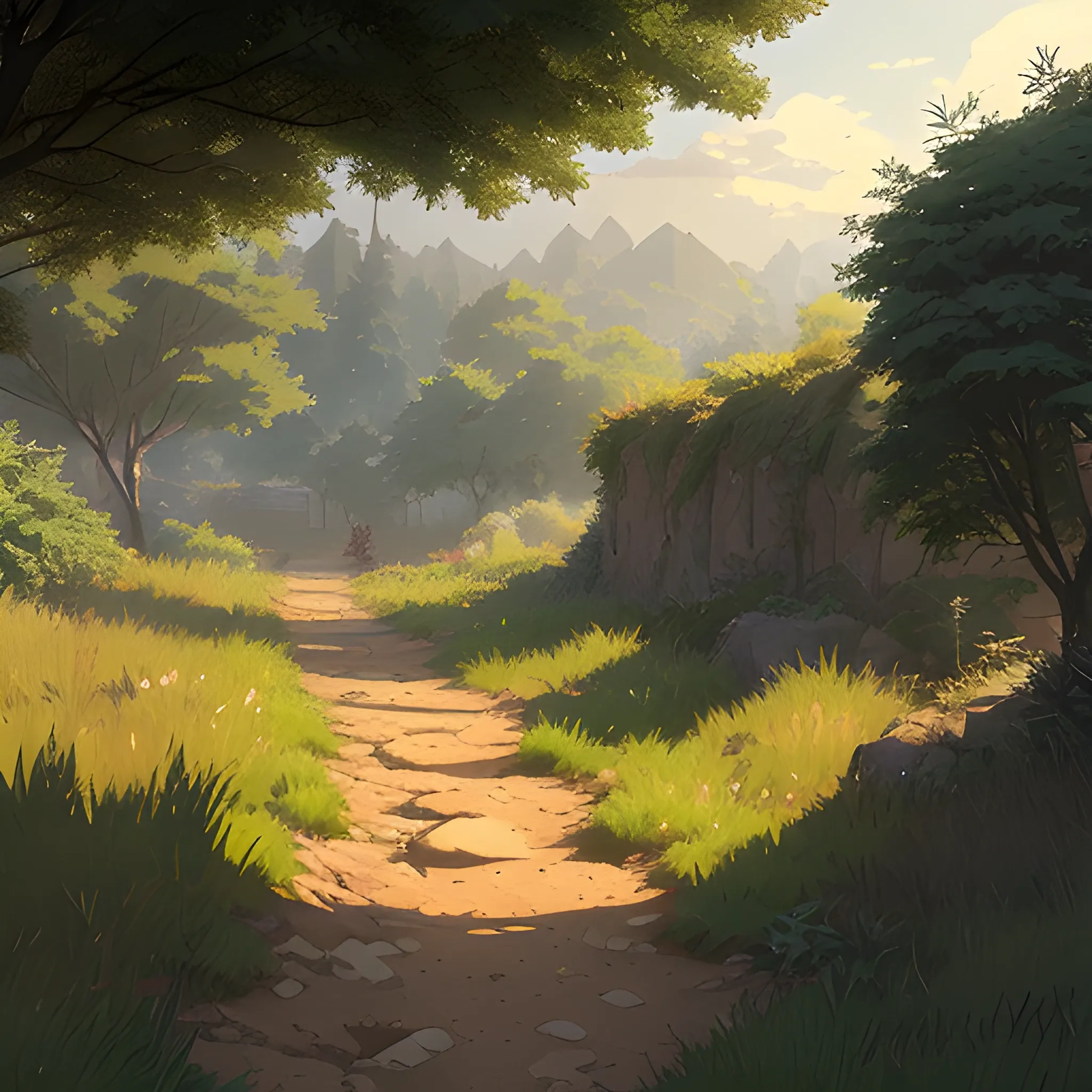 a dirt path with grasses and stony and glimmer of sun... in the style of makoto shinkai and greg rutkowski and albert bierstadt and james gurney, Cartoon