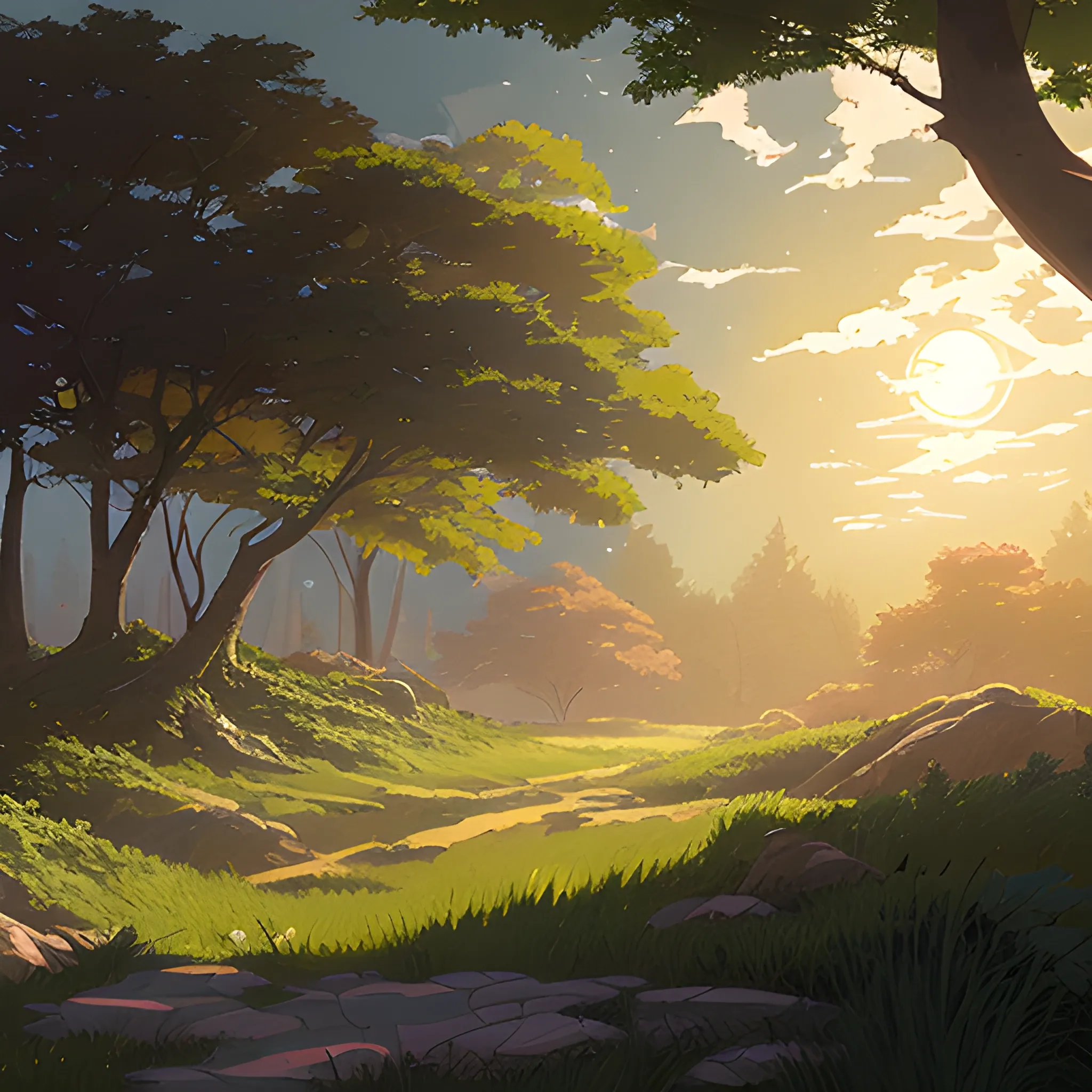 close up on foliage with glimmer of sun... in the style of makoto shinkai and greg rutkowski and albert bierstadt and james gurney, Cartoon