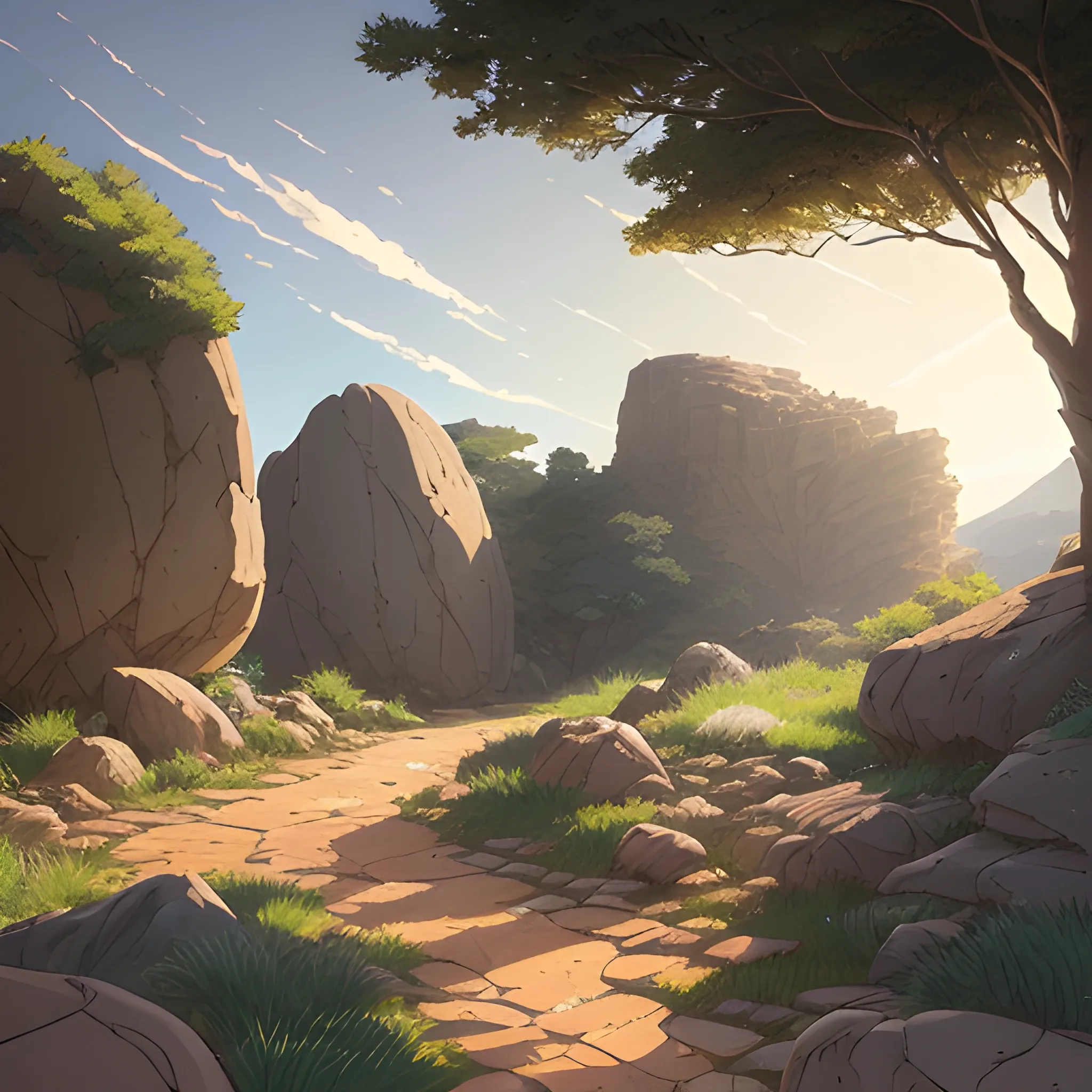 a dirt path with giant rocks, grasses and stony and glimmer of sun... in the style of makoto shinkai and greg rutkowski and albert bierstadt and james gurney, Cartoon