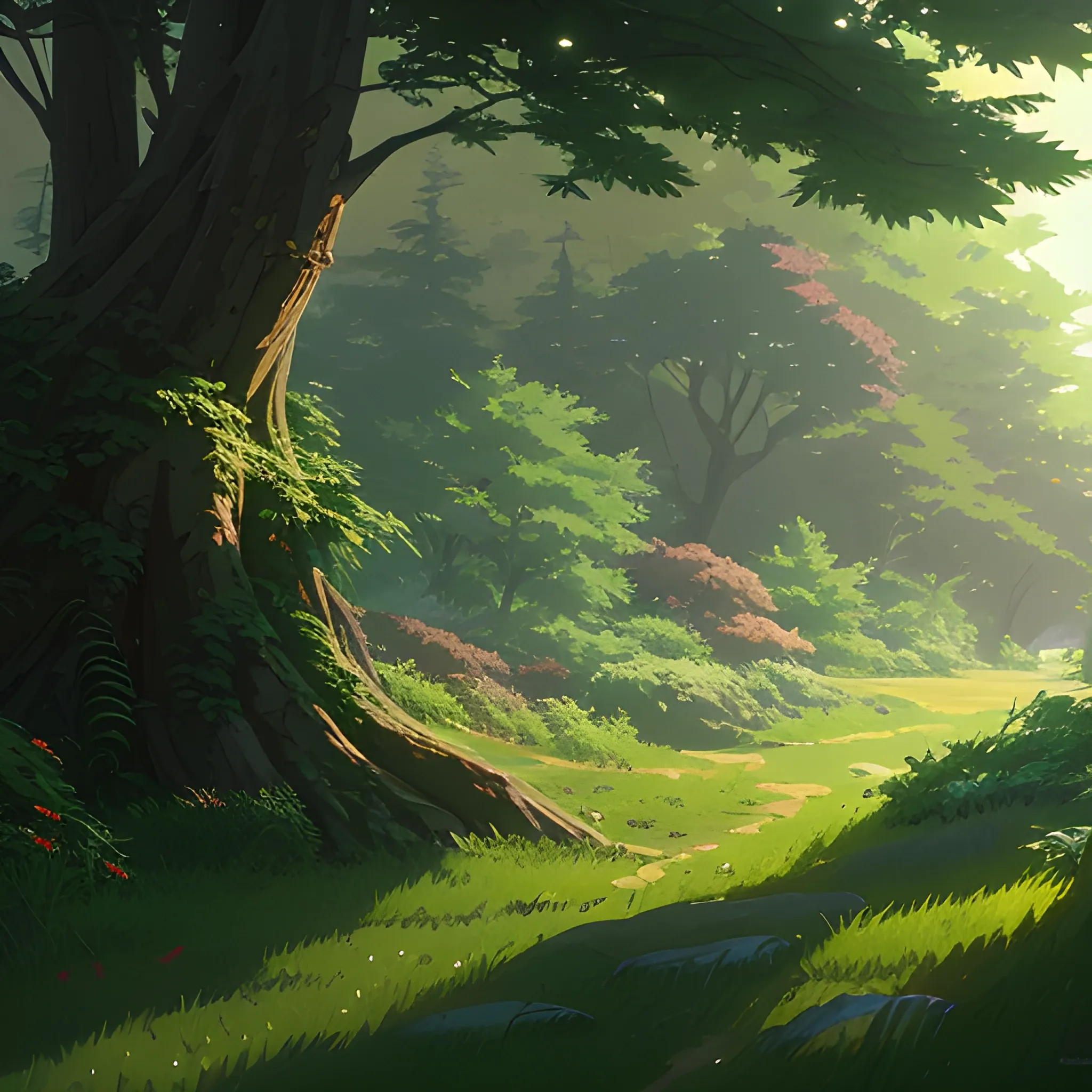 close up on foliage with glimmer of sun... in the style of makoto shinkai and greg rutkowski and albert bierstadt and james gurney, Cartoon