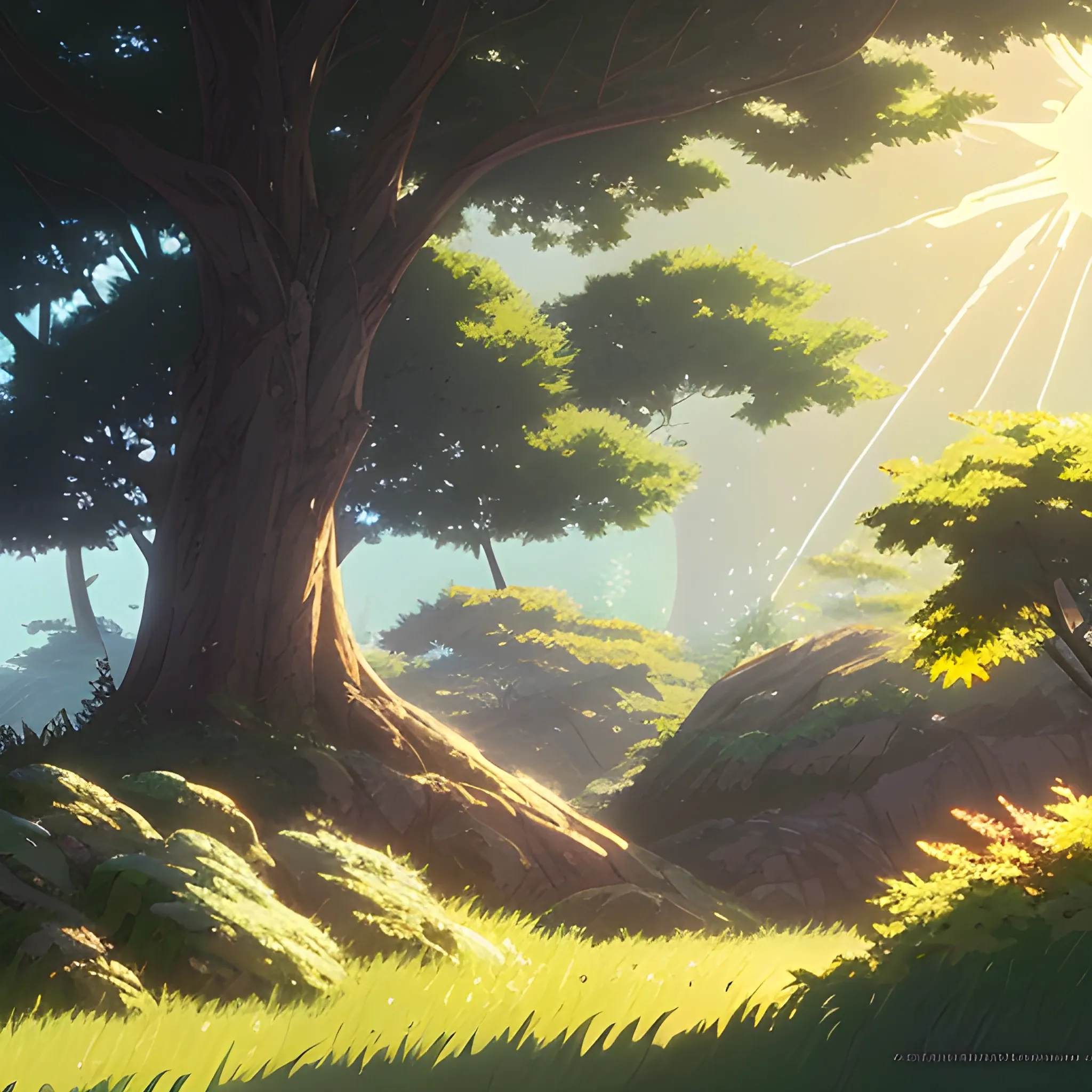 close up on foliage with glimmer of sun... in the style of makoto shinkai and greg rutkowski and albert bierstadt and james gurney, Cartoon