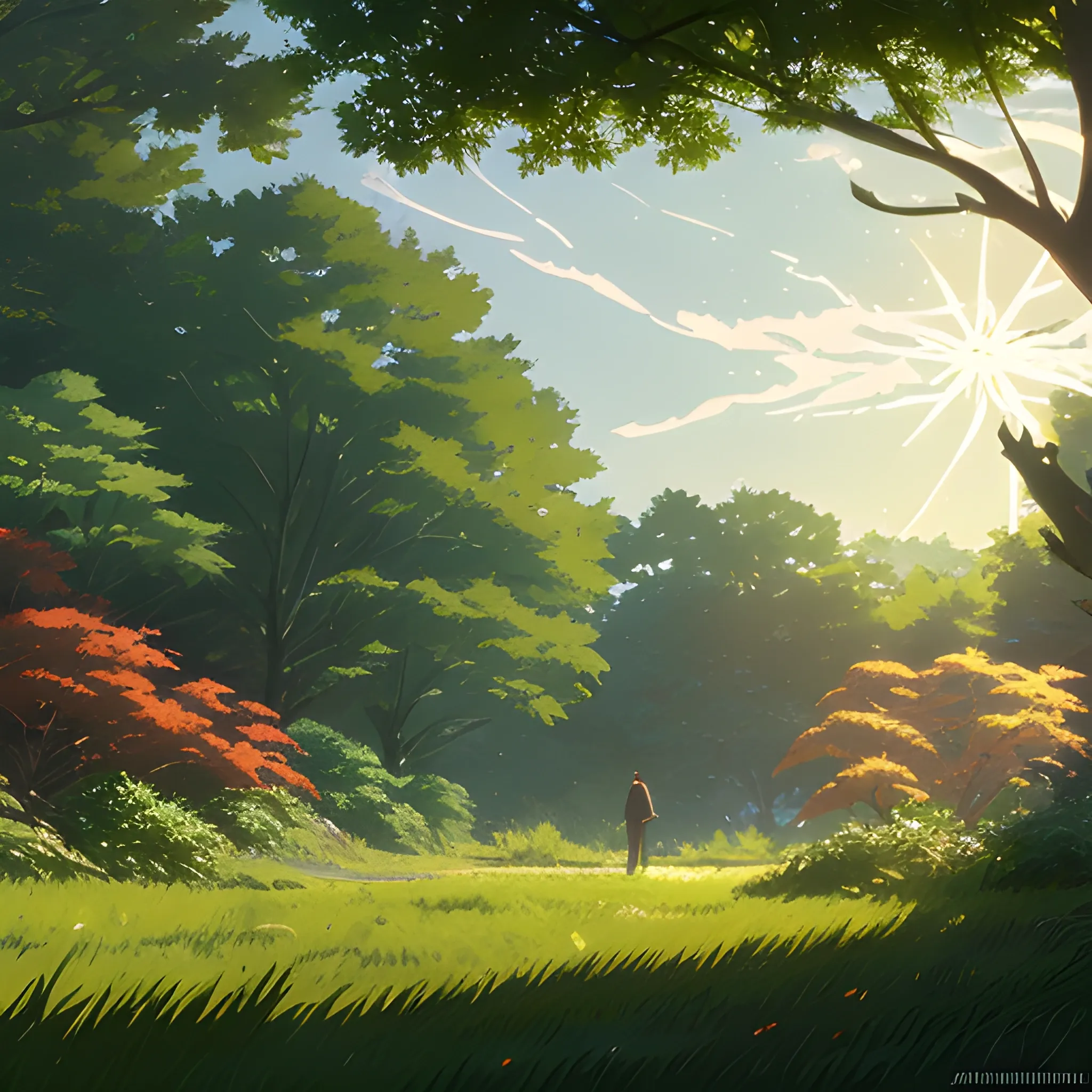 close up on foliage with glimmer of sun... in the style of makoto shinkai and greg rutkowski and albert bierstadt and james gurney, Cartoon