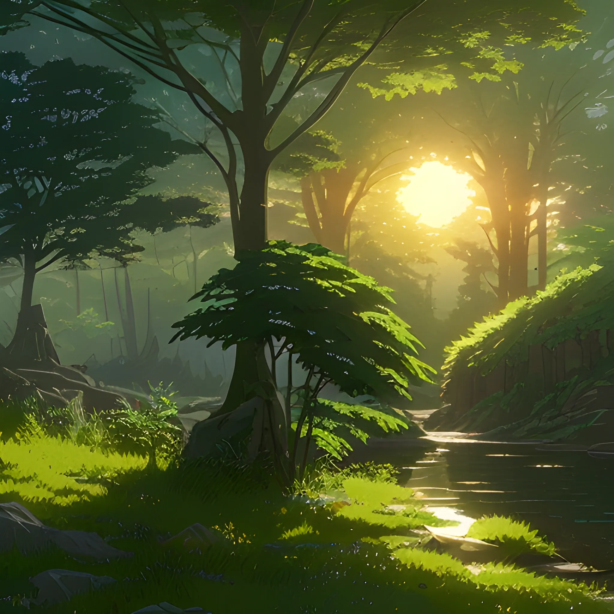 close up on foliage with glimmer of sun... in the style of makoto shinkai and greg rutkowski and albert bierstadt and james gurney, Cartoon