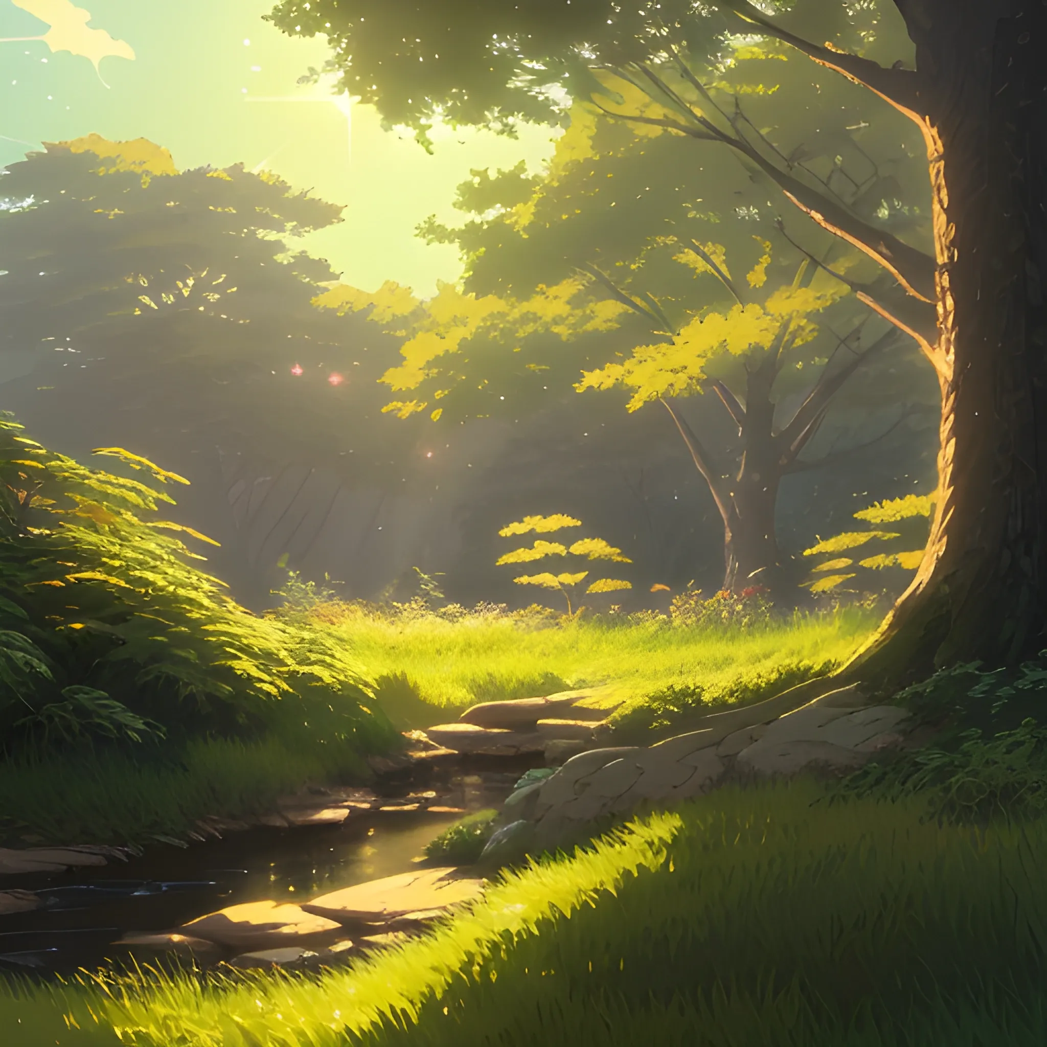 close up on foliage with glimmer of sun... in the style of makoto shinkai and greg rutkowski and albert bierstadt and james gurney, Cartoon