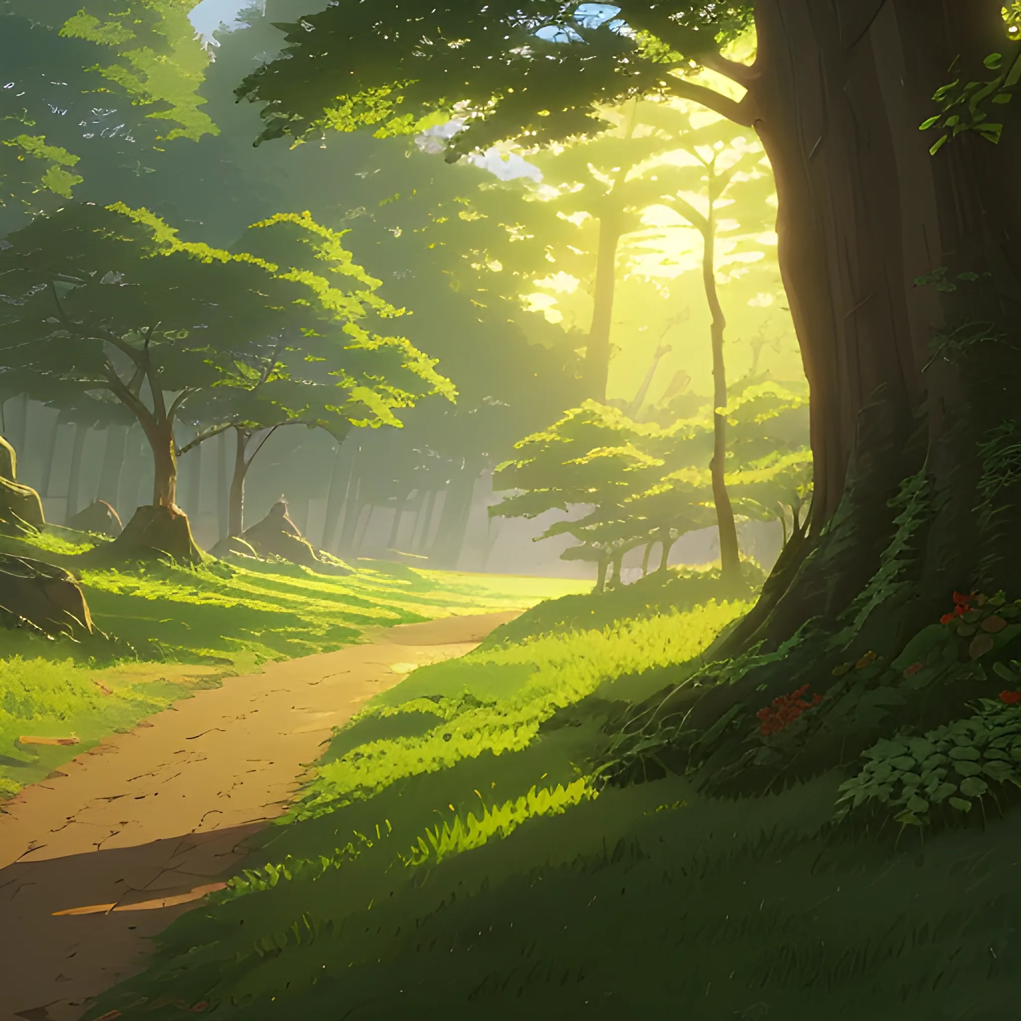 close up on foliage with glimmer of sun... in the style of makoto shinkai and greg rutkowski and albert bierstadt and james gurney, Cartoon