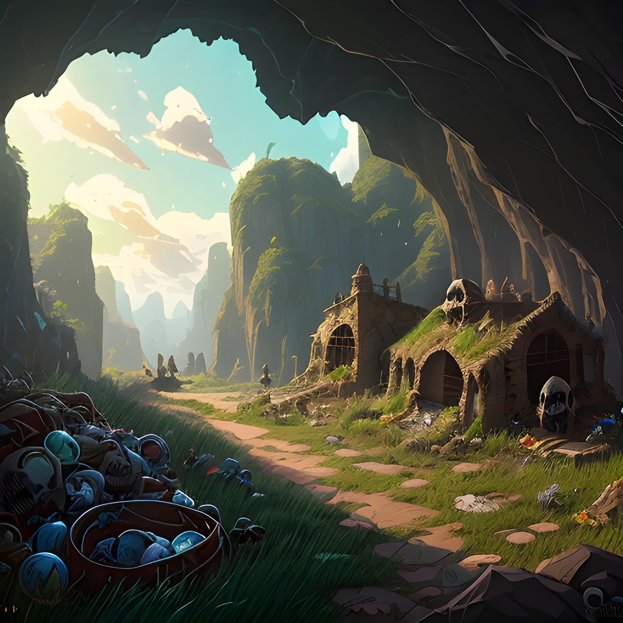 dilapidated cave with skulls, grass, cobwebs and trash on the ground with glimmer of sun... in the style of makoto shinkai and greg rutkowski and albert bierstadt and james gurney, Cartoon