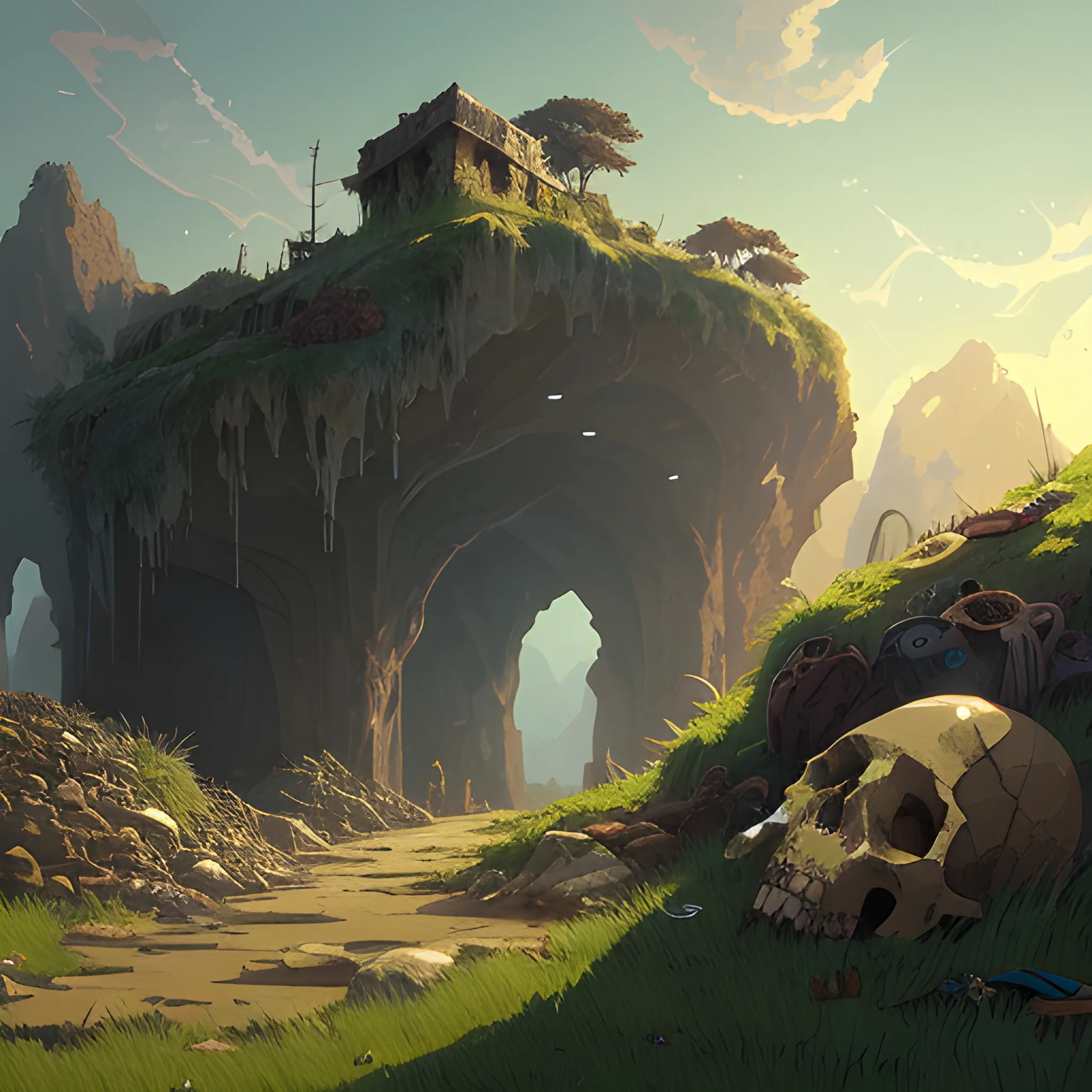 dilapidated cave with skulls, grass, cobwebs and trash on the ground with glimmer of sun... in the style of makoto shinkai and greg rutkowski and albert bierstadt and james gurney, Cartoon