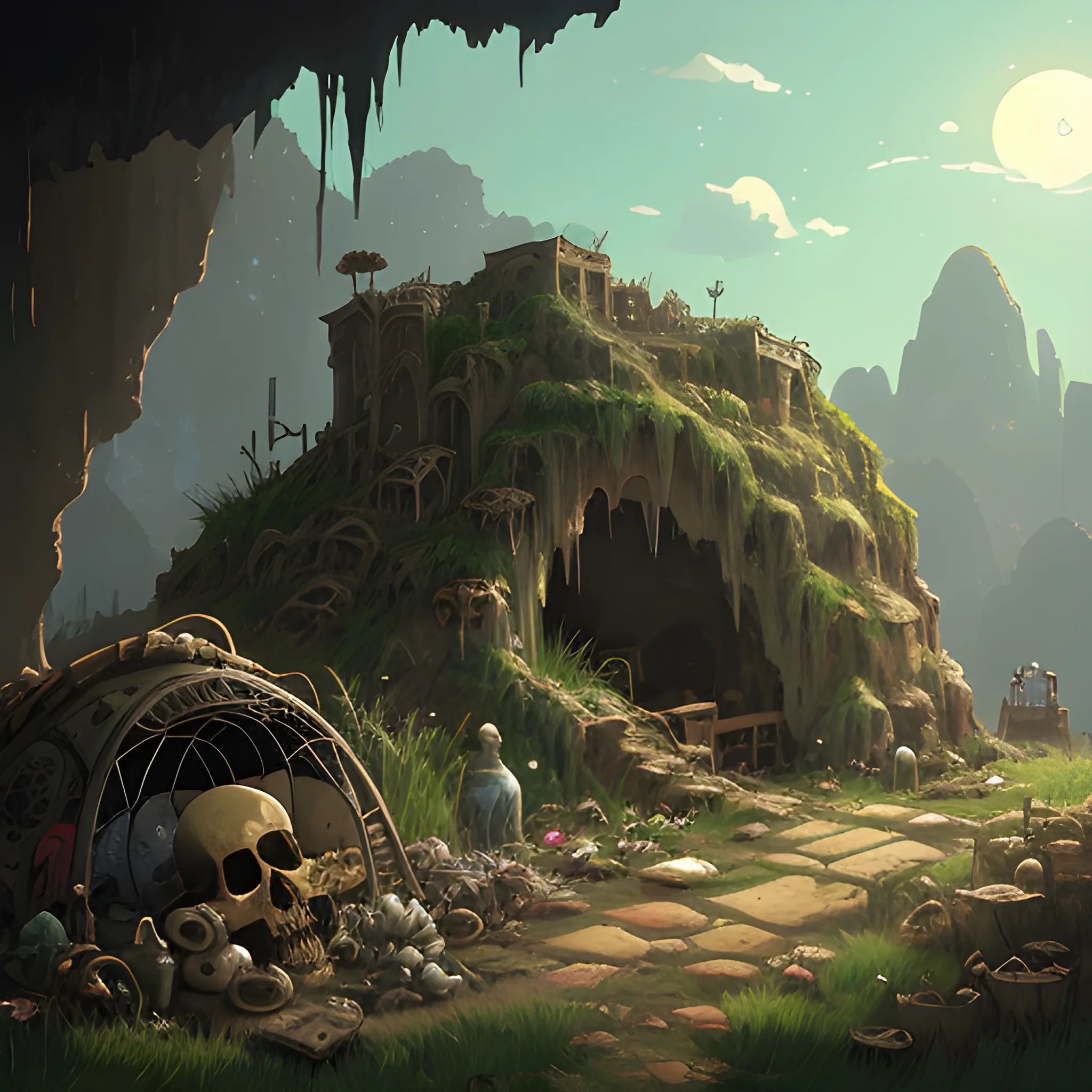 dilapidated cave with skulls, grass, cobwebs and trash on the ground with glimmer of sun... in the style of makoto shinkai and greg rutkowski and albert bierstadt and james gurney, Cartoon