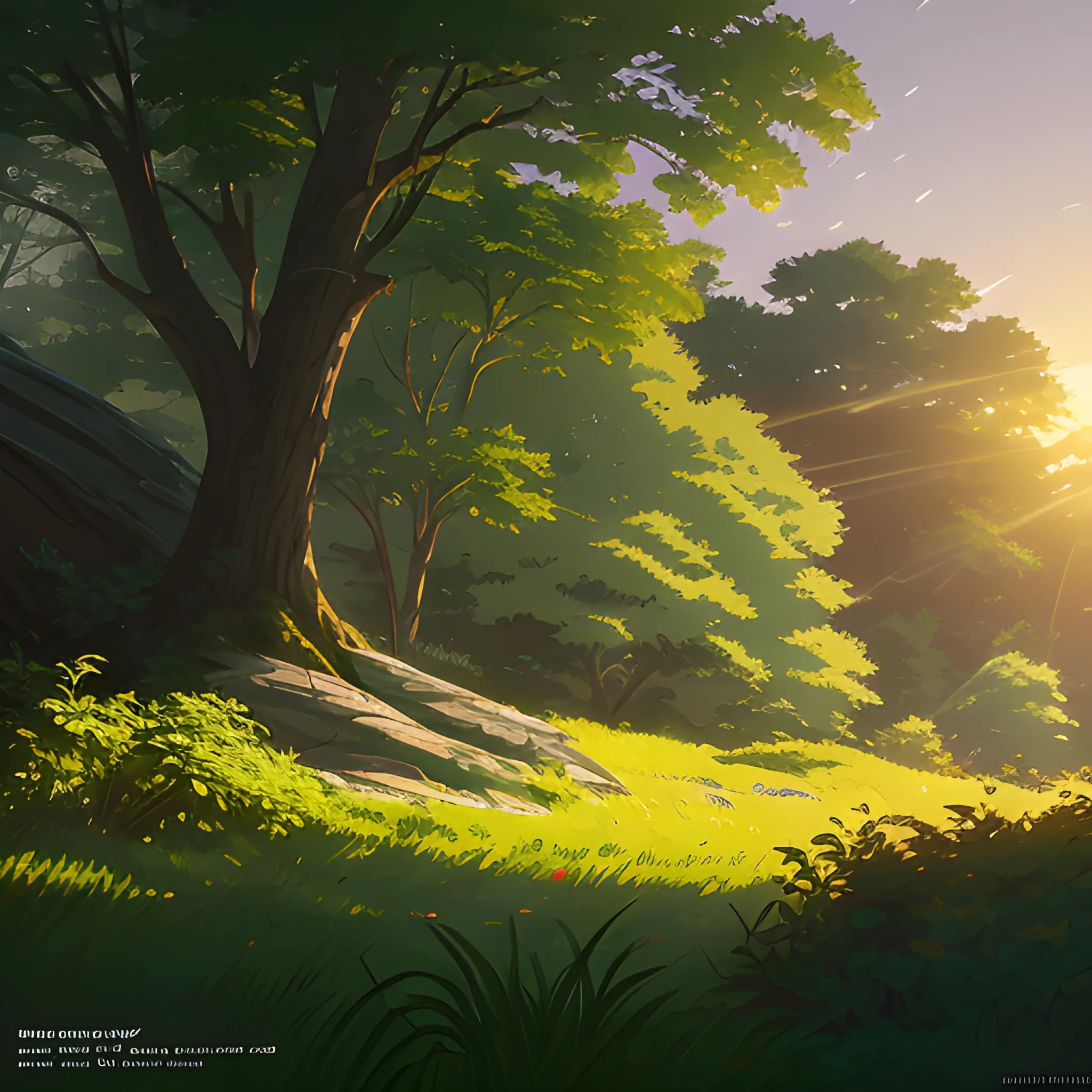 close up on foliage with glimmer of sun... in the style of makoto shinkai and greg rutkowski and albert bierstadt and james gurney, Cartoon