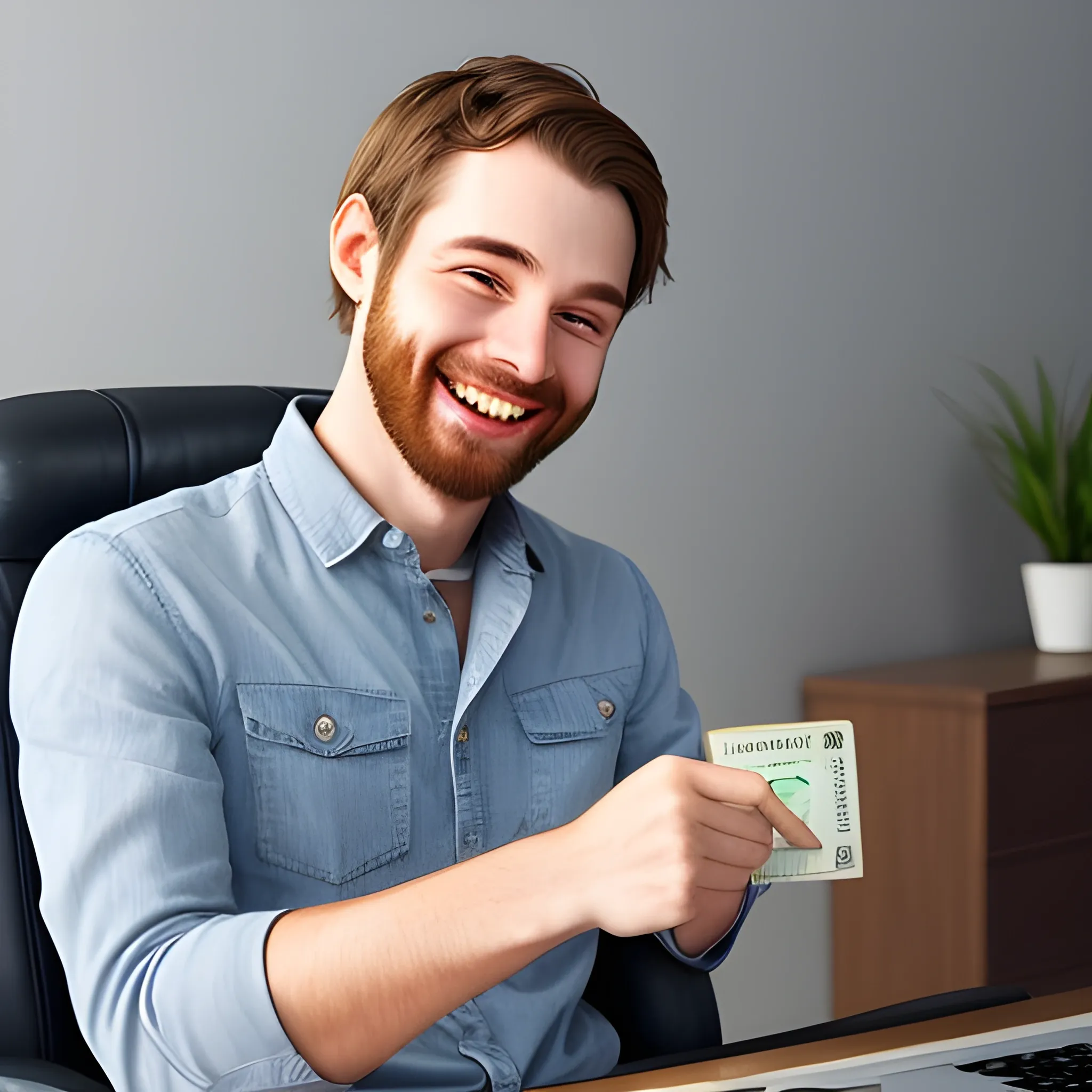 Person smiling and relaxed while paying his debt, with a gesture of relief.
