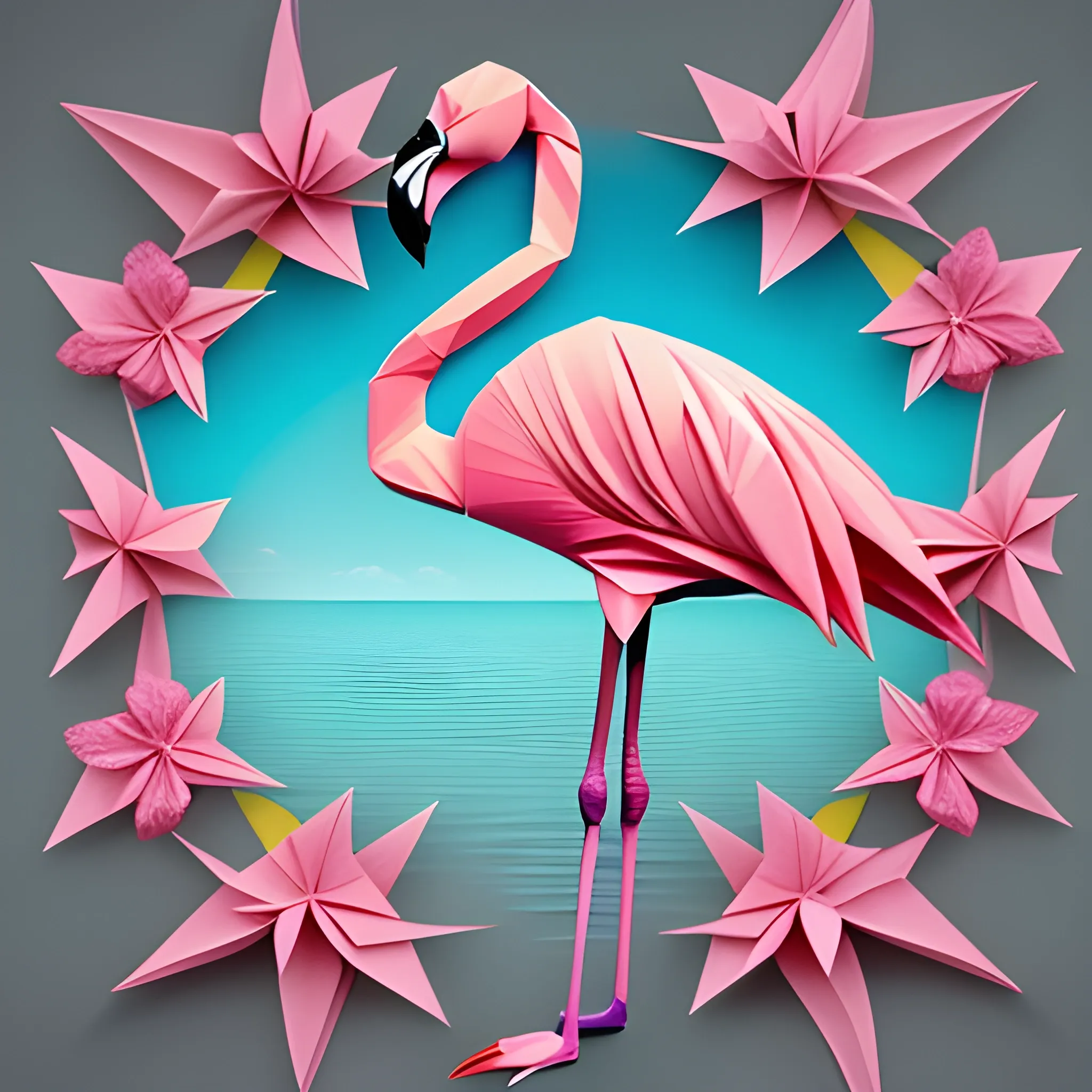 Origami 3D image of flamingo and tropical flowers masculin arty fashion print without 3-d effec