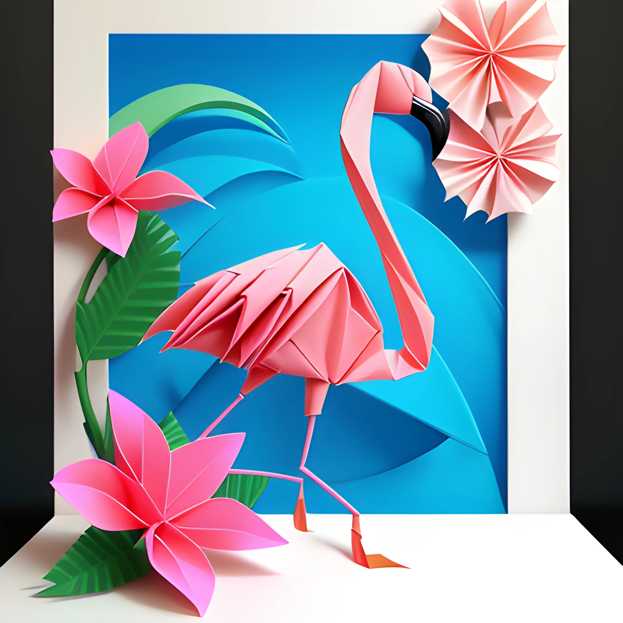 Origami 3D image of flamingo and tropical flowers masculin arty fashion print without 3-d effec, 3D