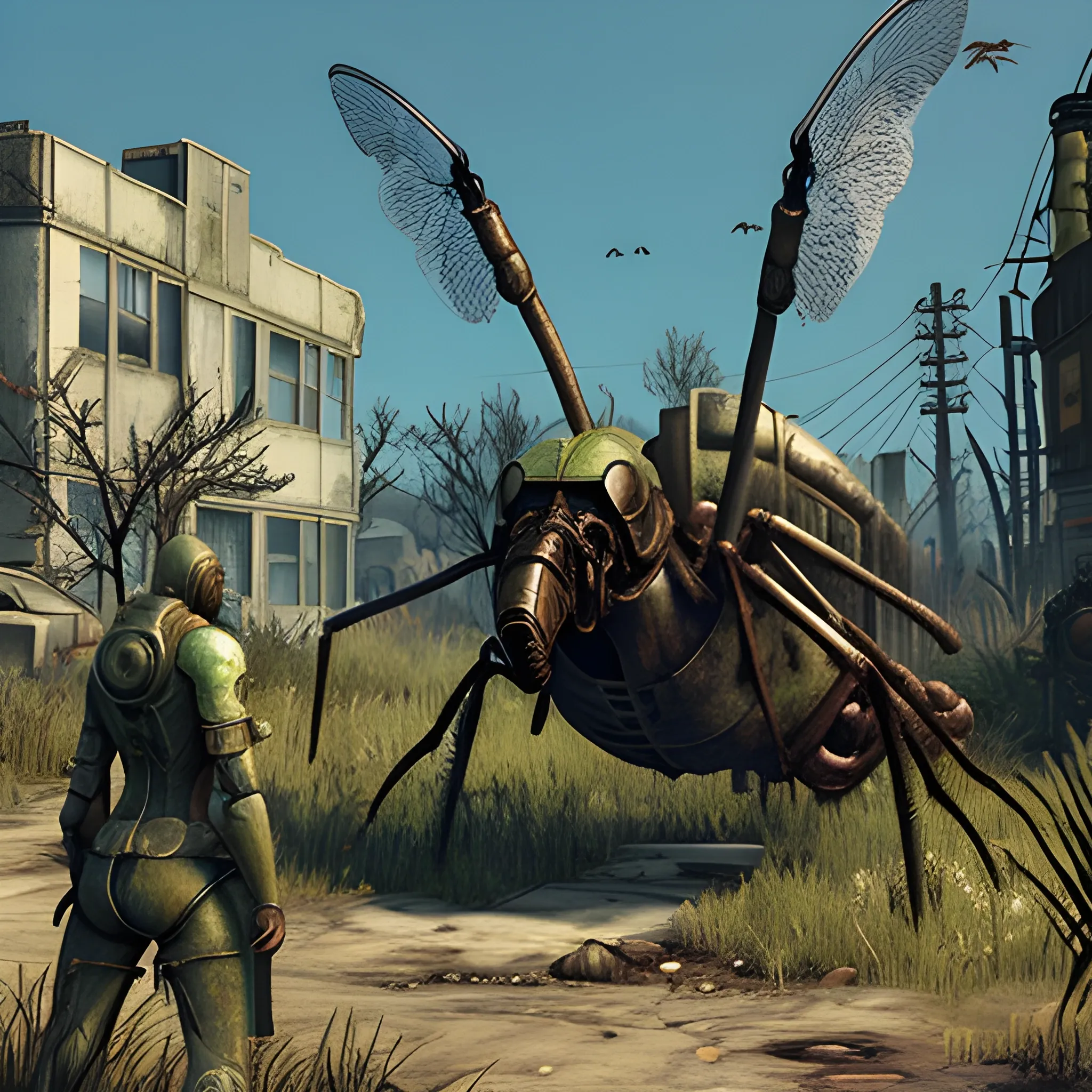 fallout 4, a very large mutated mosquito all by itself with mutated plants in the background, Cartoon