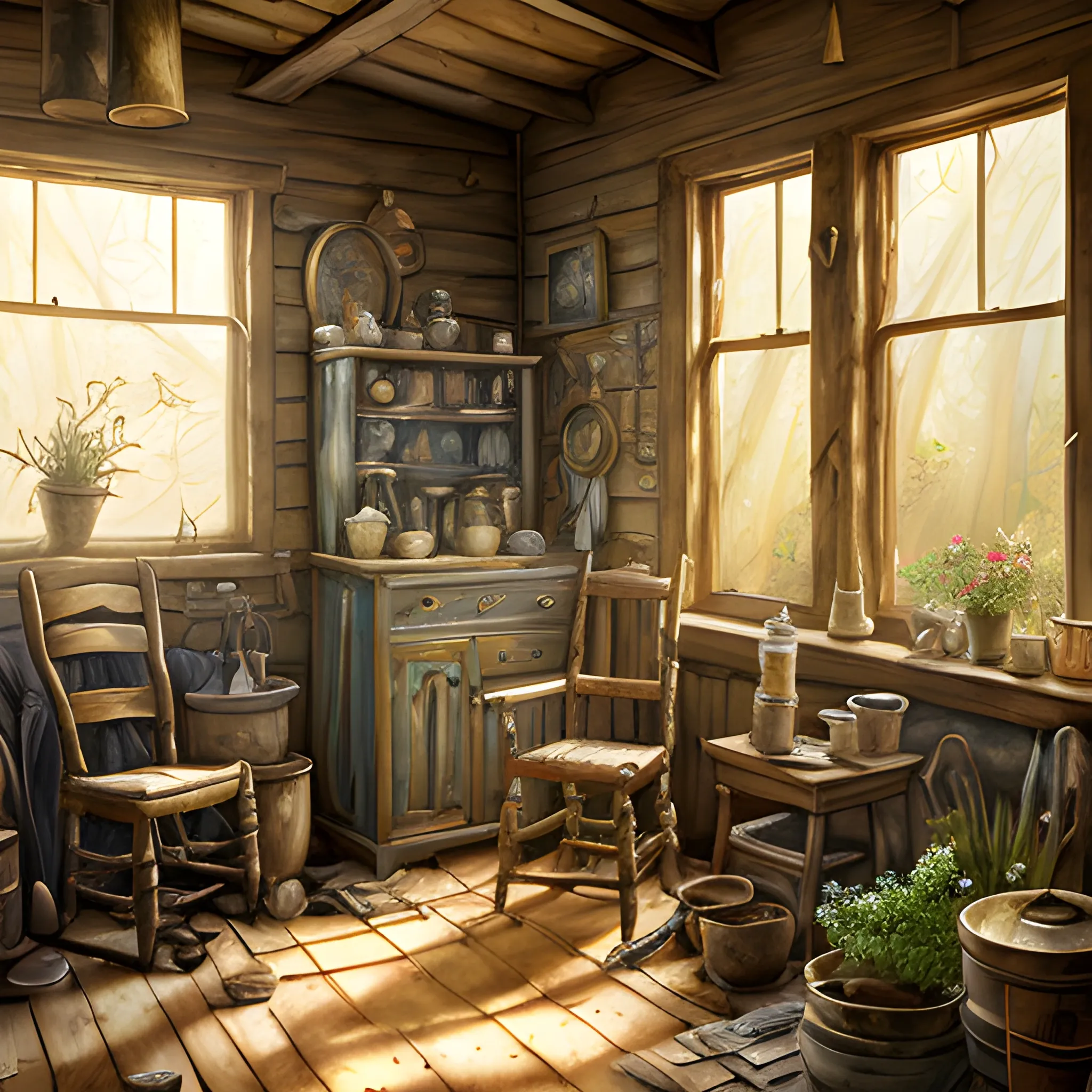 expressive rustic oil painting, interior view of a cluttered herbalist cottage, waxy candles, cabinets, wood furnishings, herbs hanging, wood chair, light bloom, dust, ambient occlusion, morning, rays of light coming through windows, dim lighting, brush strokes oil painting,
a old man,