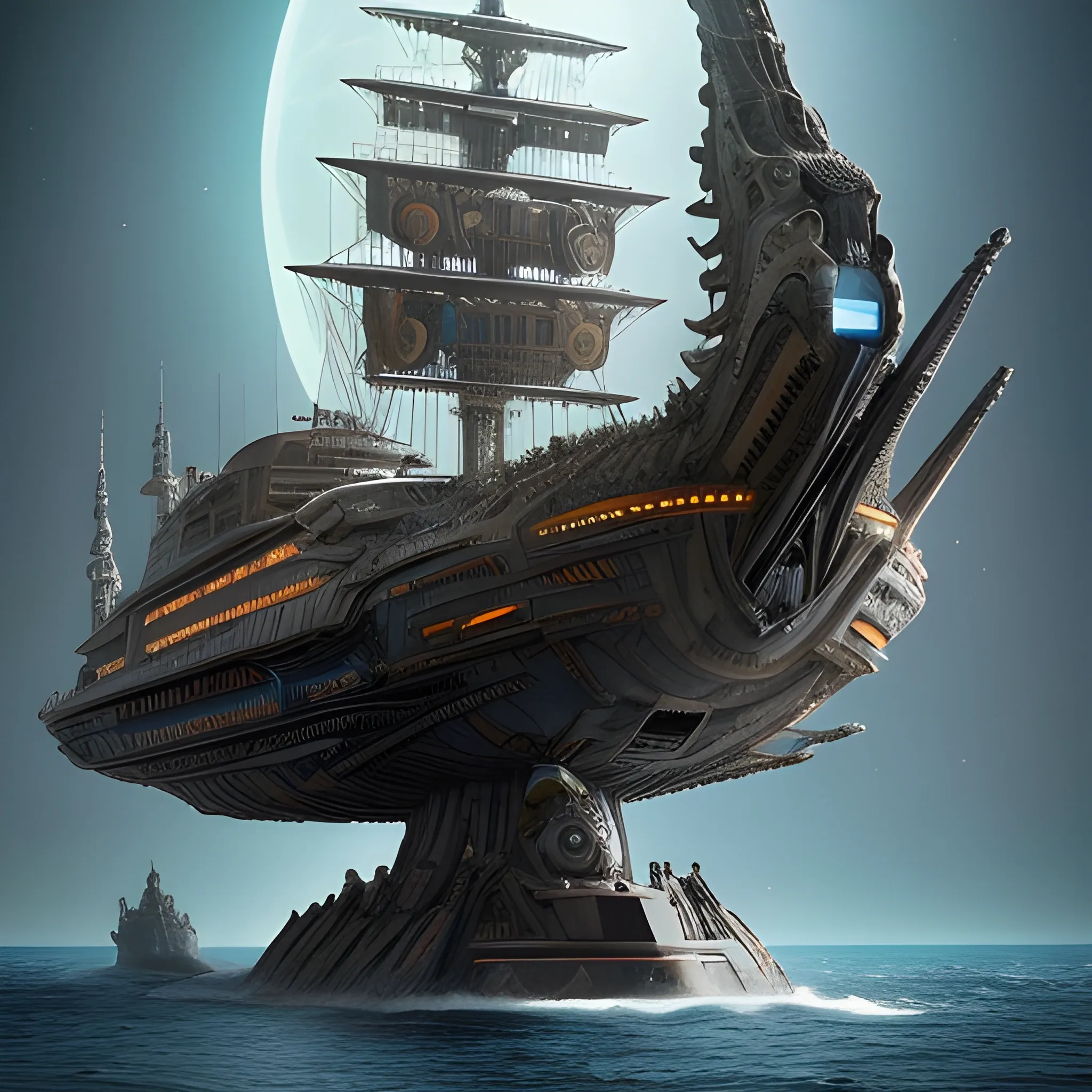 In this awe-inspiring blend of steampunk-inspired and futuristic elements, a unique starship takes center stage, designed by the genius imaginations of Leonardo Da Vinci & Tim Burton, & Ridley Scott. The starship is an amalgamation of iconic vehicles from different eras, including a 1980 Lamborghini, a 1960s Shelby Mustang,a MRI Machine, a 1974 Winnebago, and a 1600s printing press. The ship's journey through the vast expanse near a Saturn-Earth-esque planet is brought to life in stunning 750k UHD.The intricate motherboard forms the backbone of the vessel, culminating in an imposing, frightful, & creepy Giraffe, Elephant, Hippo's head is carved into the front. The ship's powerful artillery is visible in the background, while blue crystal diamond bat shaped nacelles adorn the rear. This captivating artwork ,dark fantasy.In this awe-inspiring blend of steampunk-inspired and futuristic elements, a unique starship takes center stage, designed by the genius imaginations of Mary Shelley & & Ridley Scott. The starship is an amalgamation of iconic vehicles from different eras, including a 1980 USA Submarine, a 1960s Shelby Mustang, and a 1974 Winnebago. The ship's journey through the vast expanse near a Saturn-Earth-esque planet is brought to life in stunning 750k UHD.The intricate motherboard forms the backbone of the vessel, culminating in a  creepy macabre composition a Giraffe, + Elephant, Hippo's head is carved into the front. The ship's powerful artillery is visible in the background, while blue crystal diamond tiger tail shaped nacelles adorn the rear.