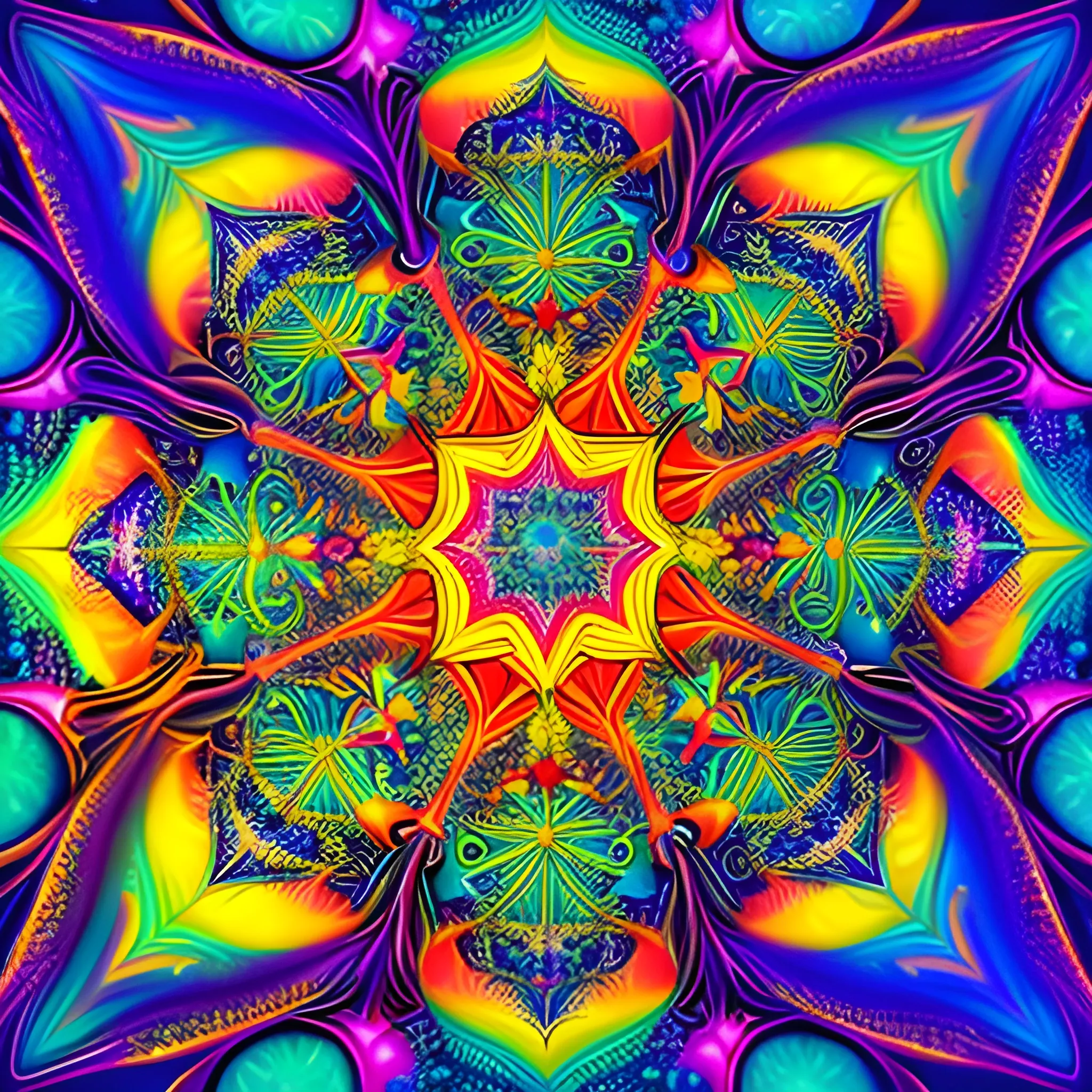 Psychedelic fractal art of ego death, sacred geometry, drowning in a subterranean churning ocean of fractals, hypercubes, tesseract, one with all, everything and nothing, vibrant colors, highres, ultra-detailed, psychedelic, sacred geometry, fractals, hypercubes, subterranean, ego death, vibrant colors, psychedelic art, detailed fractals, mesmerizing, mind-bending, ethereal lighting