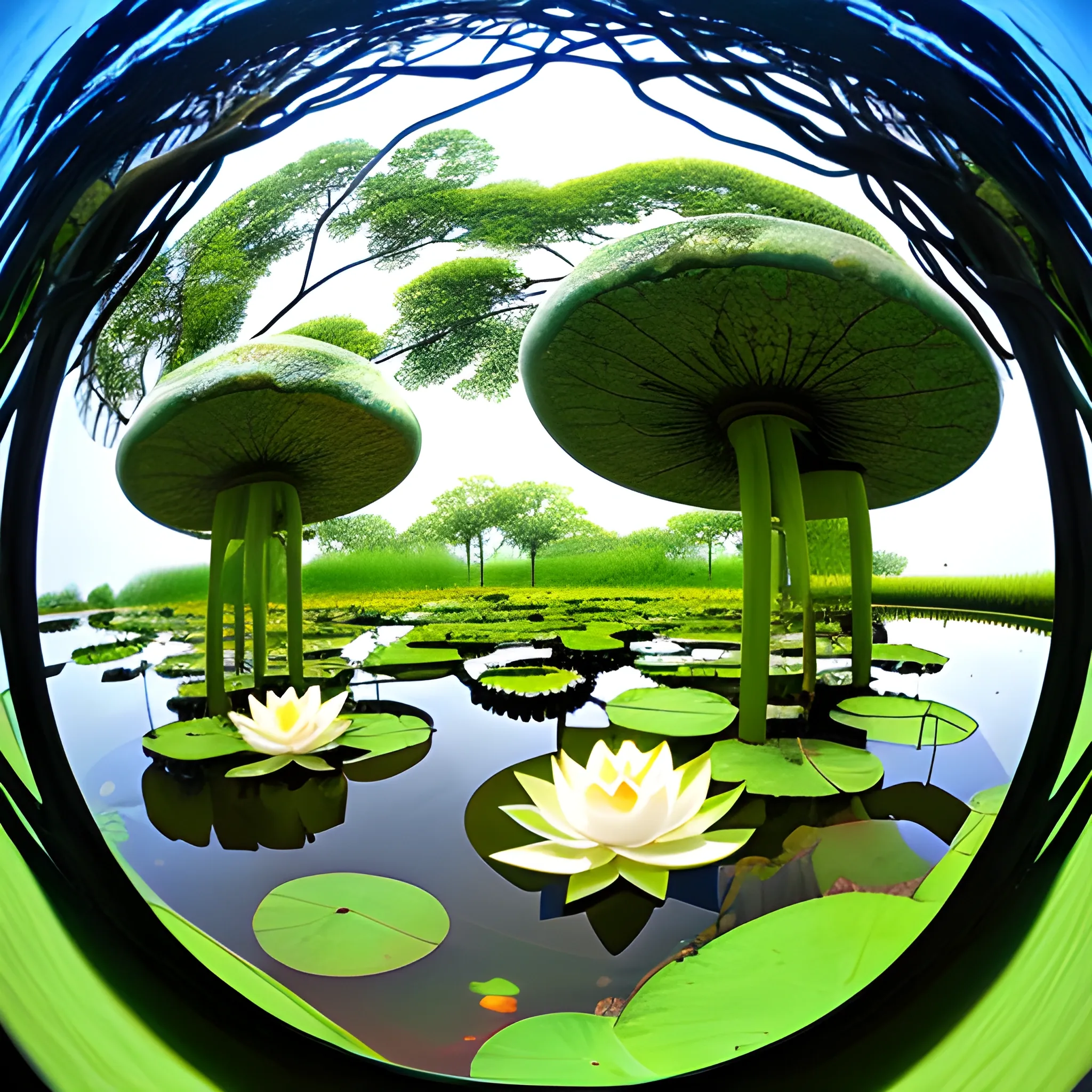 The dreamlike lotus pond, Fish eye view