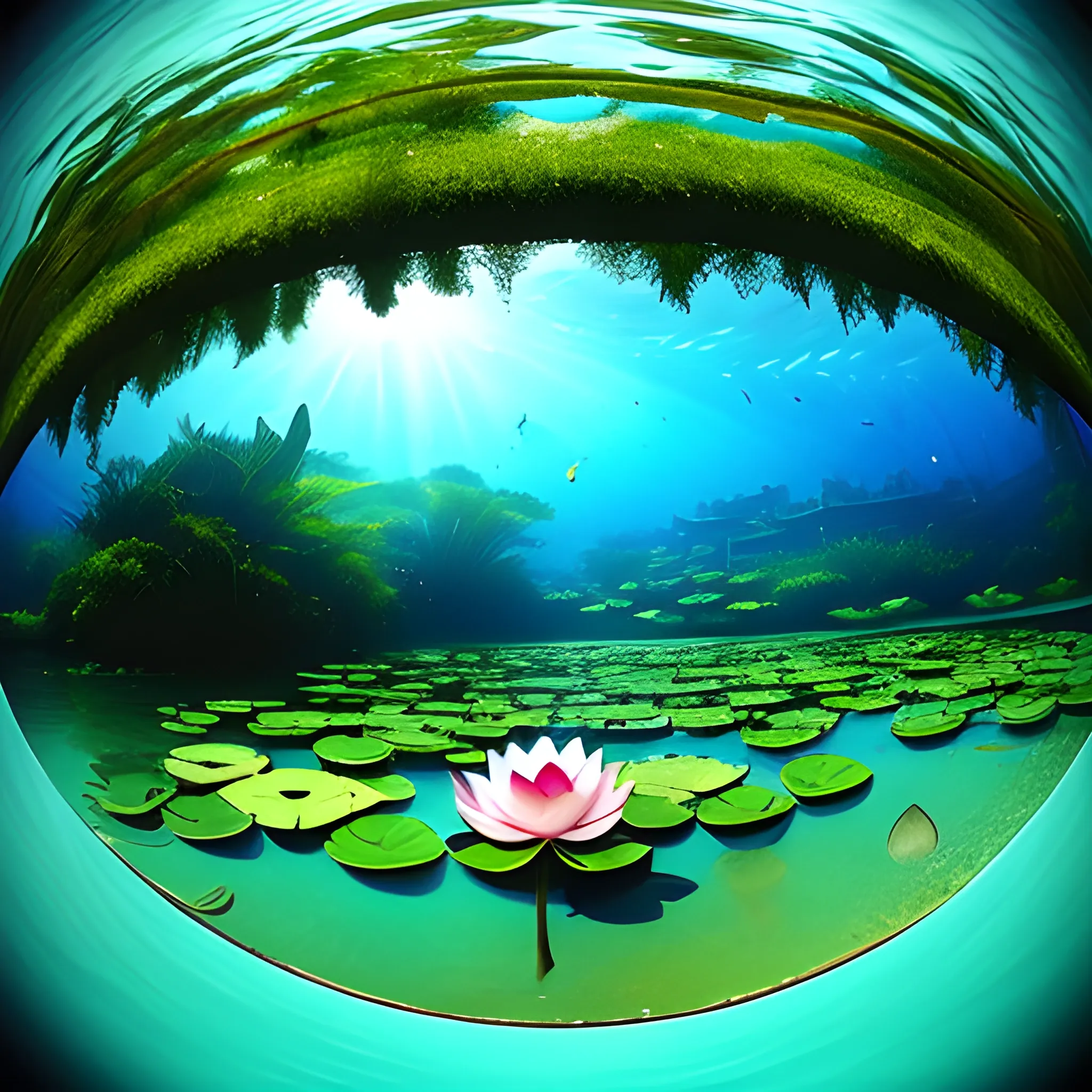 The dreamlike lotus pond, Fish eye view form underwater