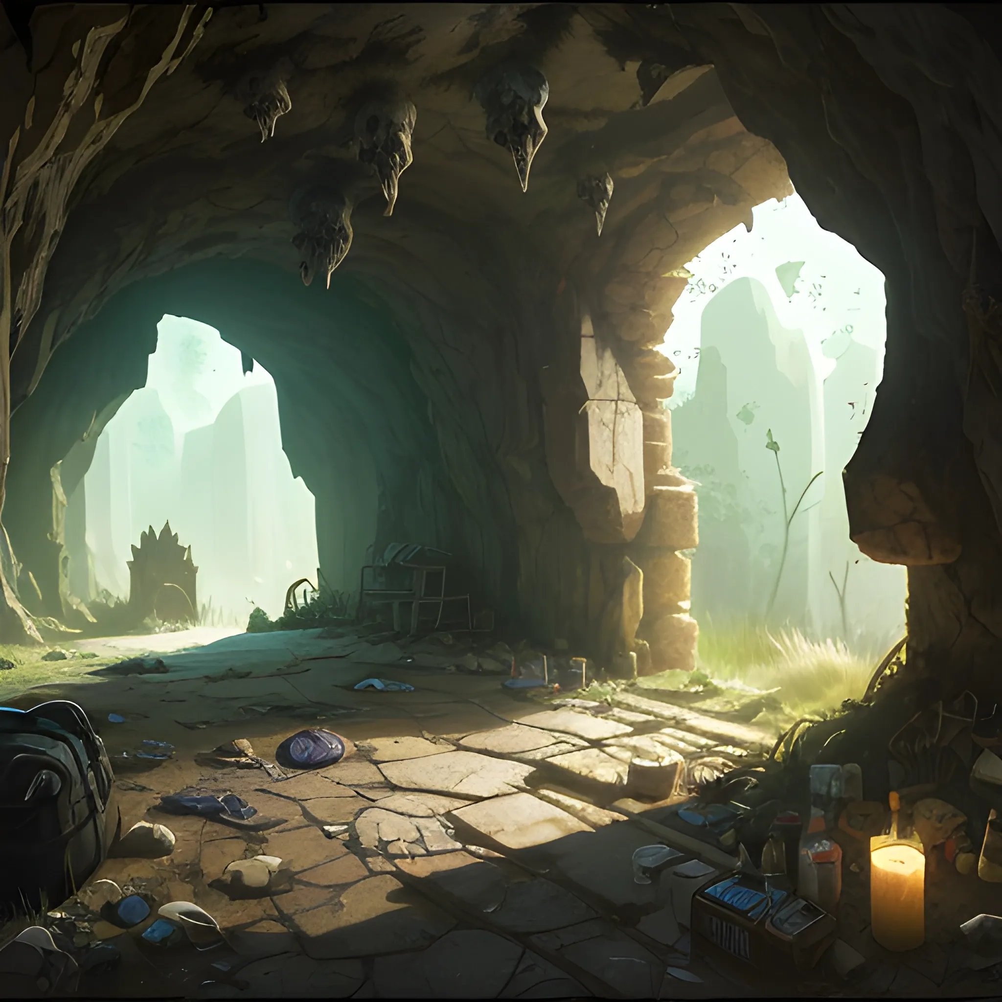 interior of a dilapidated cave with skulls, grass, cobwebs and trash on the ground with glimmer of sun... in the style of makoto shinkai and greg rutkowski and albert bierstadt and james gurney, Cartoon