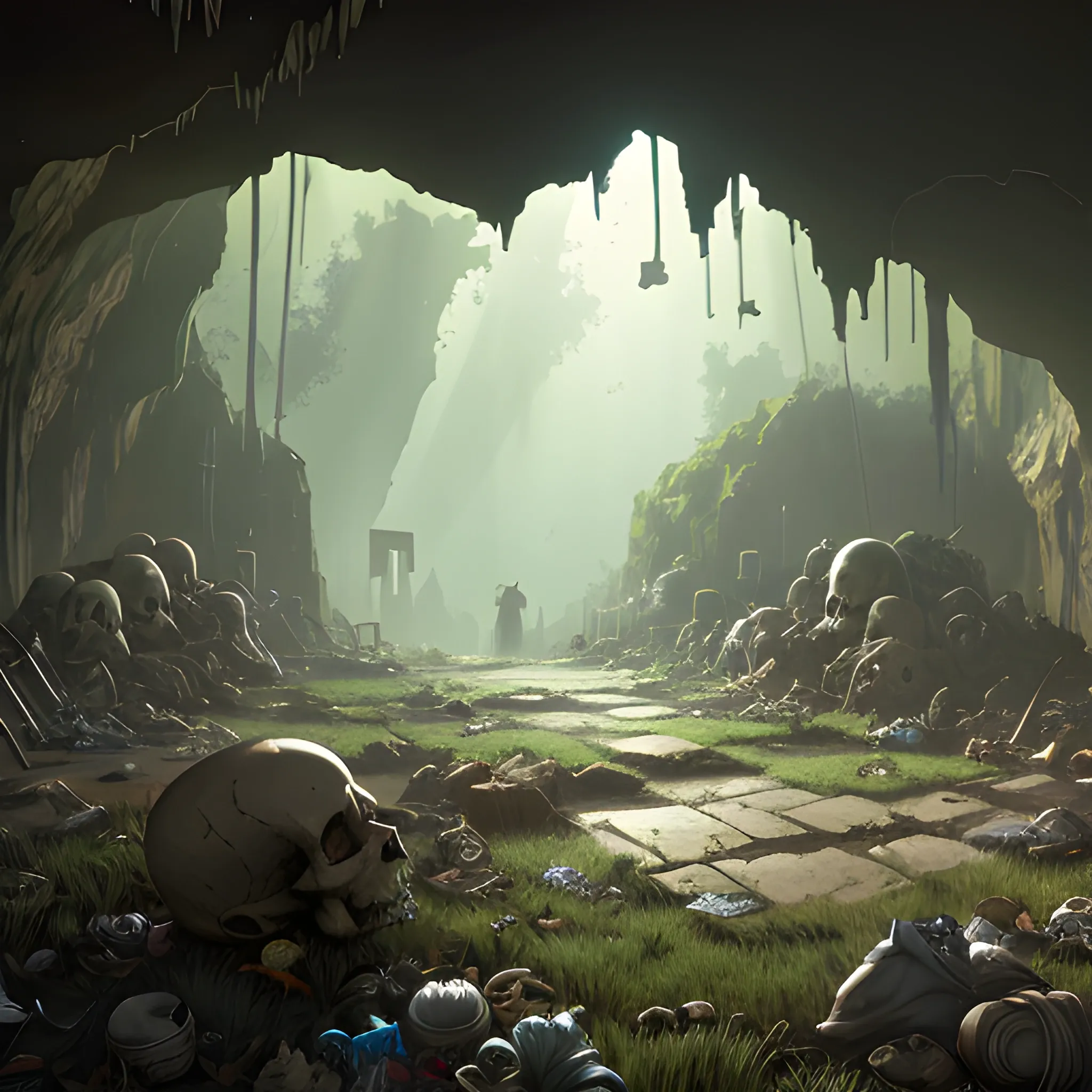 interior of a dilapidated cave with skulls, grass, cobwebs and trash on the ground with glimmer of sun... in the style of makoto shinkai and greg rutkowski and albert bierstadt and james gurney, Cartoon