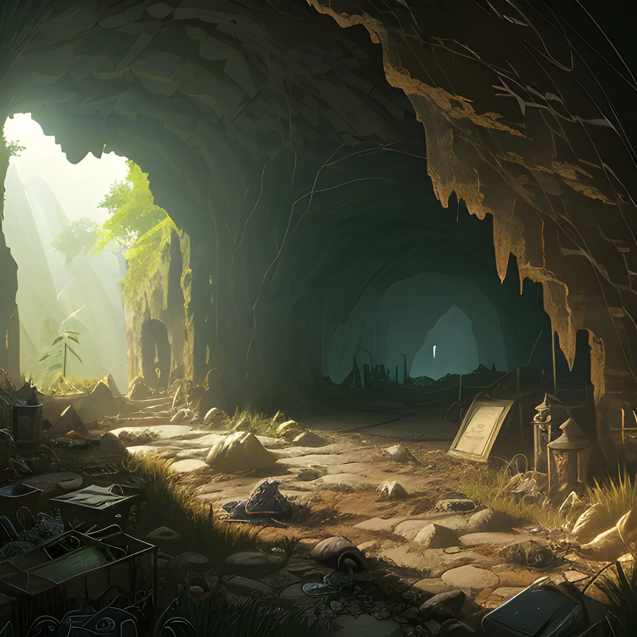 interior of a dilapidated cave with skulls, grass, cobwebs and trash on the ground with glimmer of sun... in the style of makoto shinkai and greg rutkowski and albert bierstadt and james gurney, Cartoon