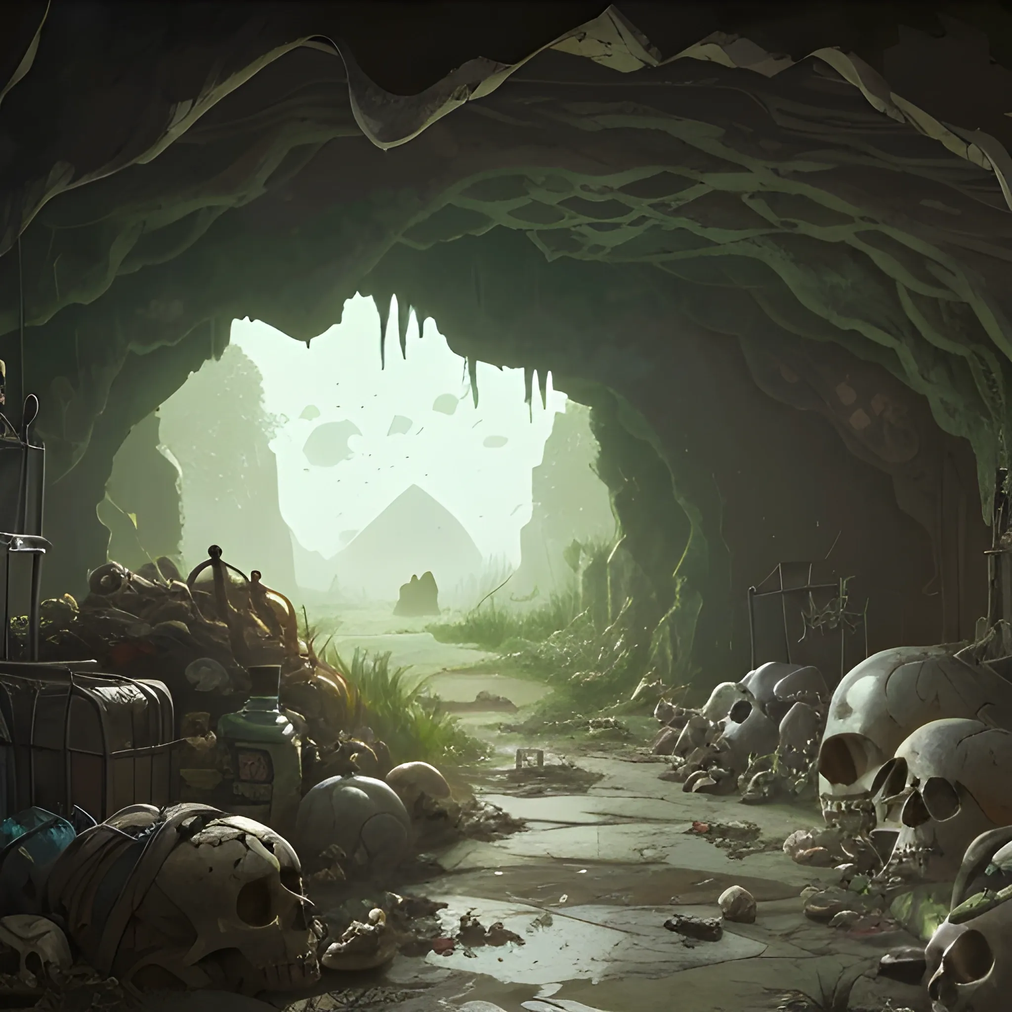 interior of a dilapidated cave with skulls, grass, cobwebs and trash on the ground... in the style of makoto shinkai and greg rutkowski and albert bierstadt and james gurney, Cartoon