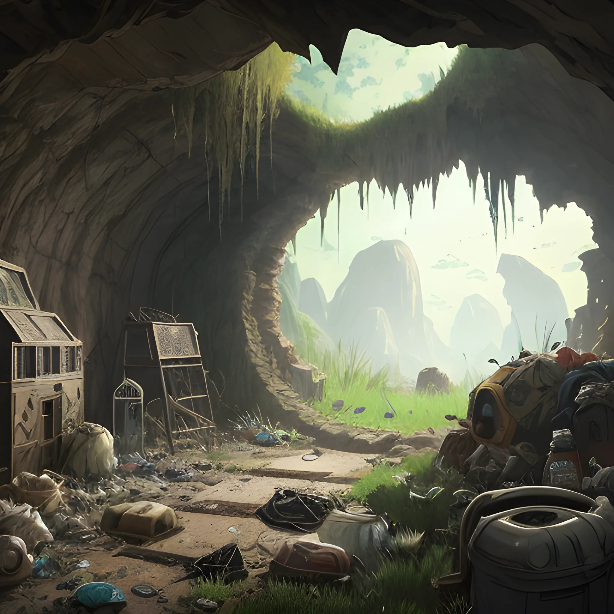 interior of a dilapidated cave with skulls, grass, cobwebs and trash on the ground... in the style of makoto shinkai and greg rutkowski and albert bierstadt and james gurney, Cartoon