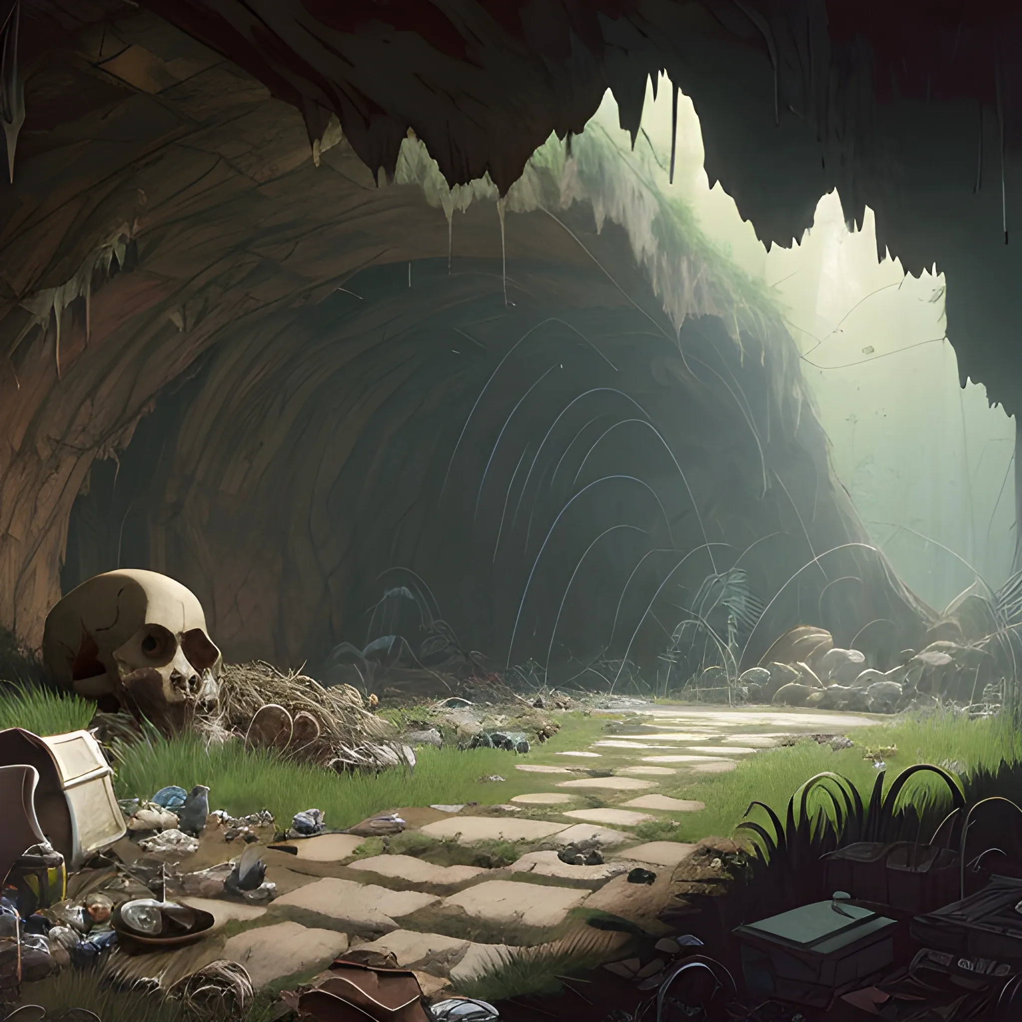 interior of a dilapidated cave with skulls, grass, cobwebs and trash on the ground... in the style of makoto shinkai and greg rutkowski and albert bierstadt and james gurney, Cartoon