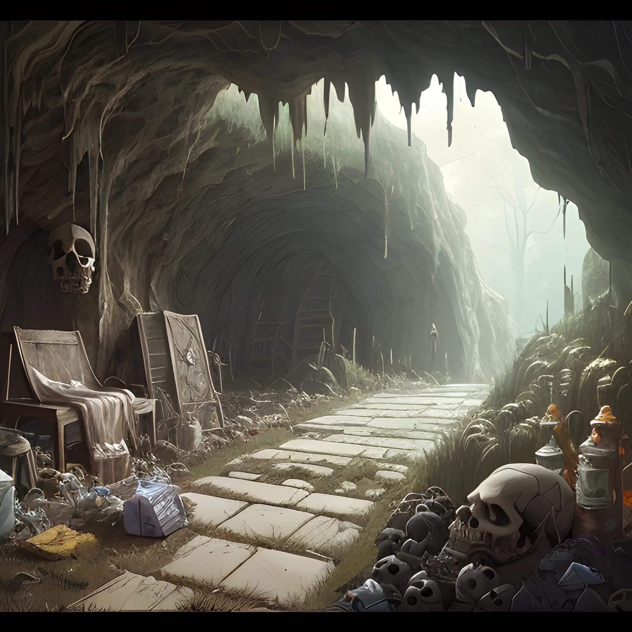 interior of a dilapidated cave with skulls, grass, cobwebs and trash on the ground... in the style of makoto shinkai and greg rutkowski and albert bierstadt and james gurney, Cartoon