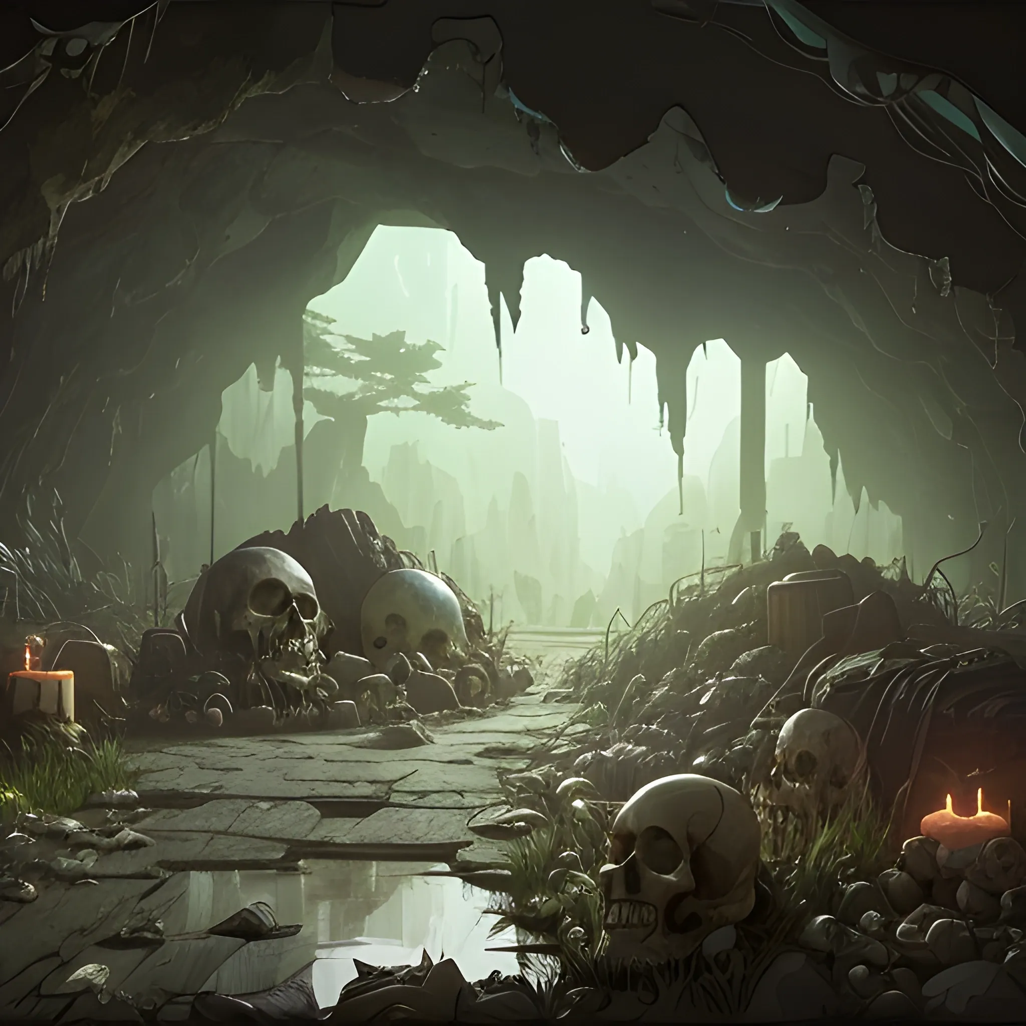 interior of a dilapidated cave with skulls, grass, cobwebs and trash on the ground... in the style of makoto shinkai and greg rutkowski and albert bierstadt and james gurney, Cartoon