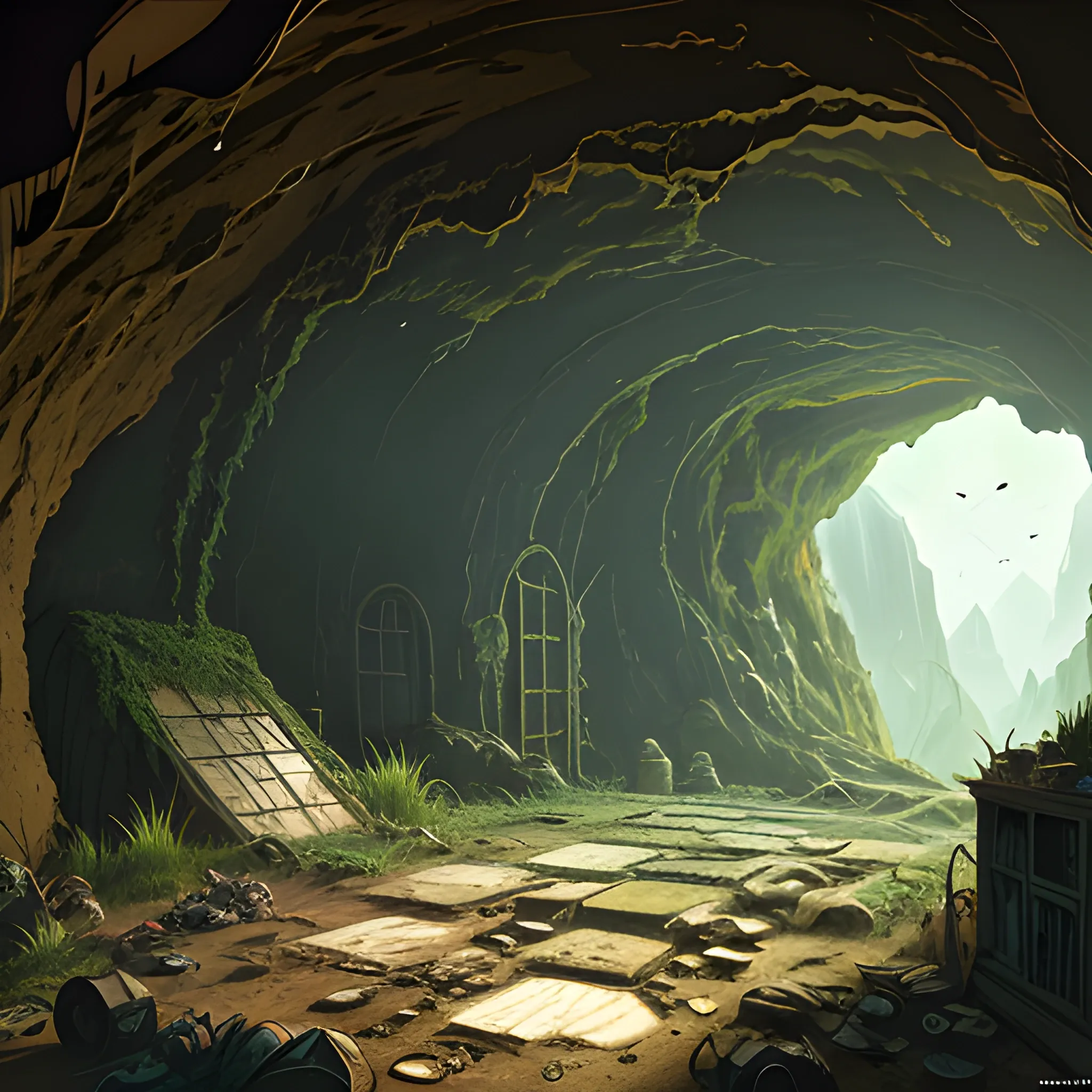 interior of a dilapidated cave with skulls, grass, cobwebs and trash on the ground with a small entrance above... in the style of makoto shinkai and greg rutkowski and albert bierstadt and james gurney, Cartoon