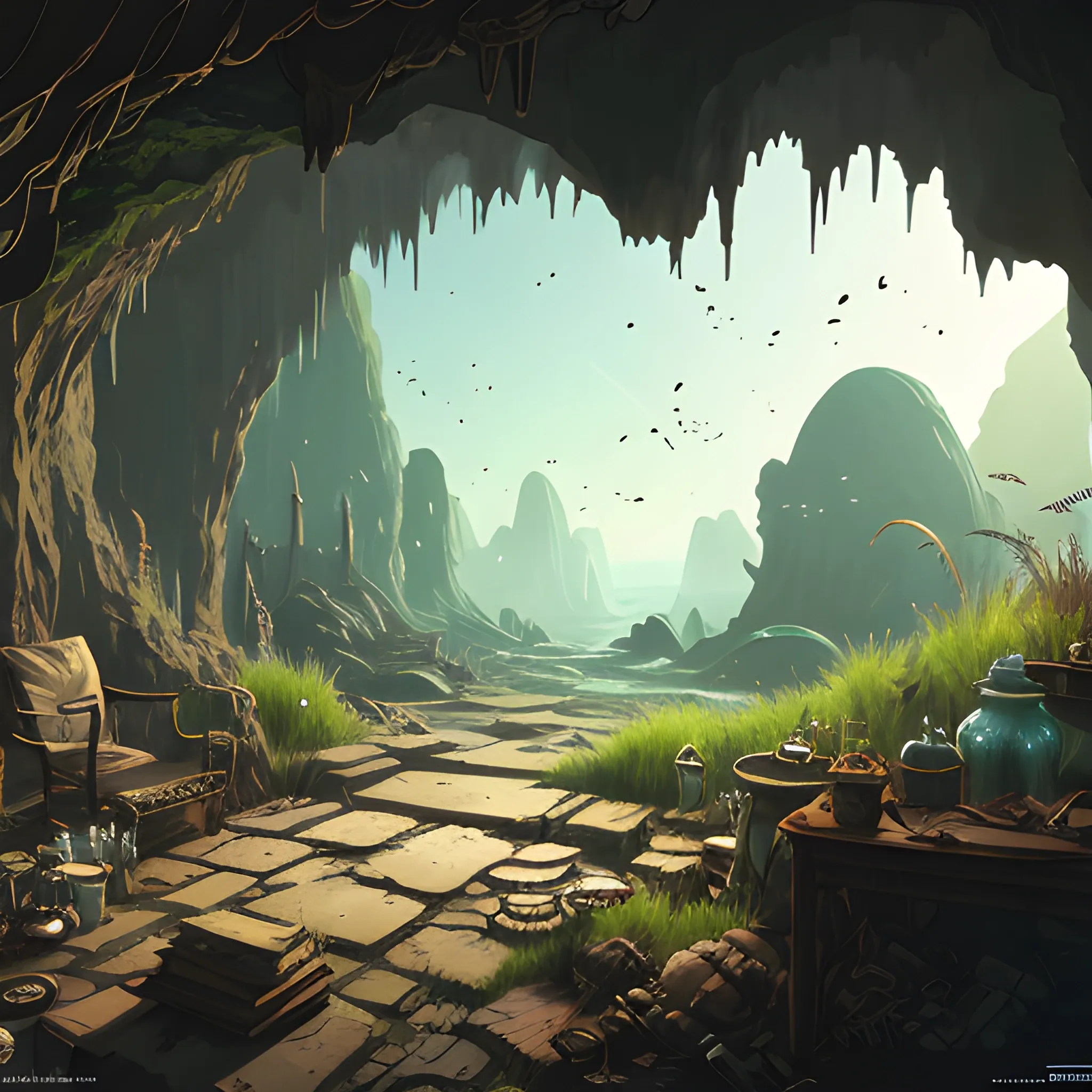 interior of a dilapidated cave with skulls, grass, cobwebs and trash on the ground with a small entrance above... in the style of makoto shinkai and greg rutkowski and albert bierstadt and james gurney, Cartoon