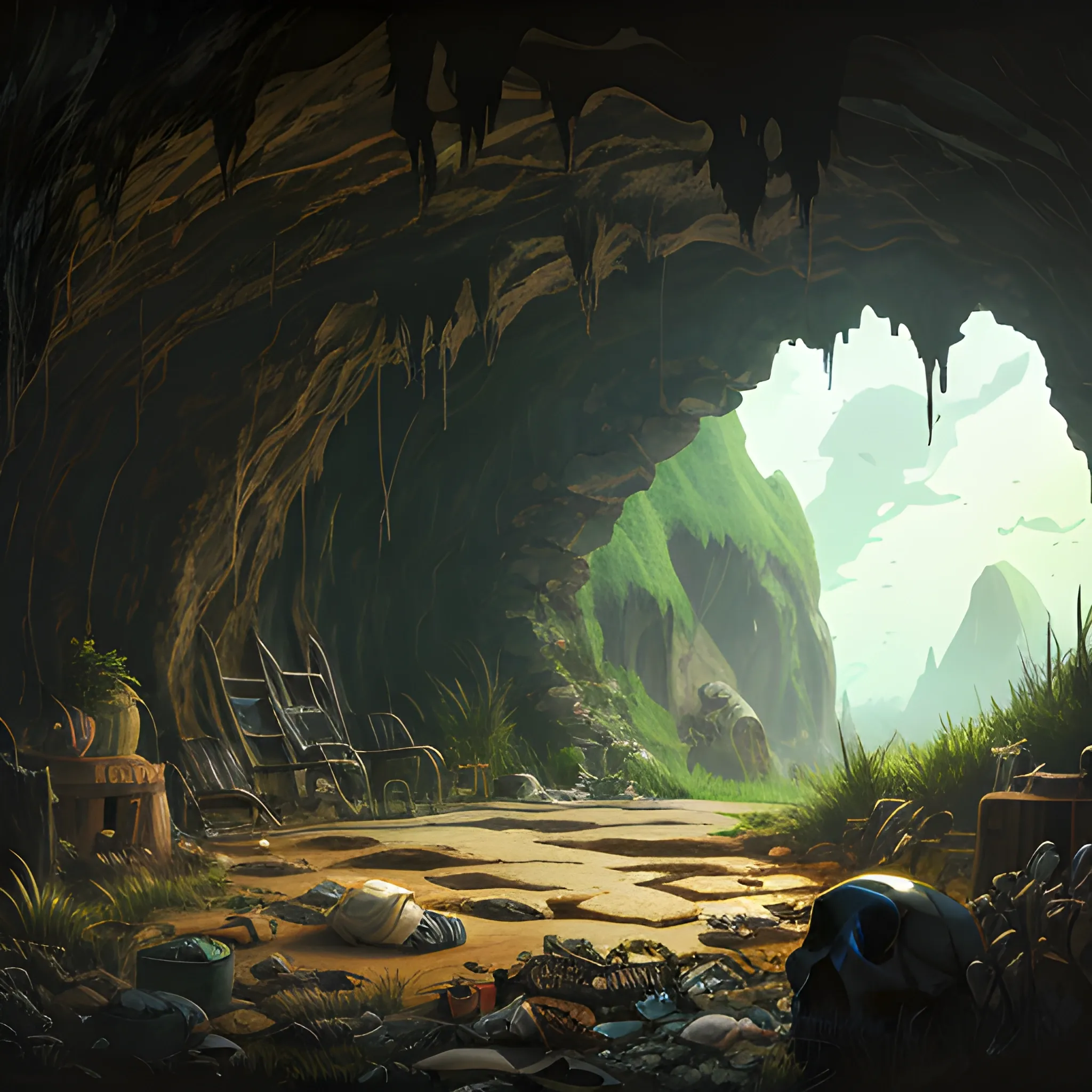 interior of a dilapidated cave with skulls, grass, cobwebs and trash on the ground with a small entrance above... in the style of makoto shinkai and greg rutkowski and albert bierstadt and james gurney, Cartoon