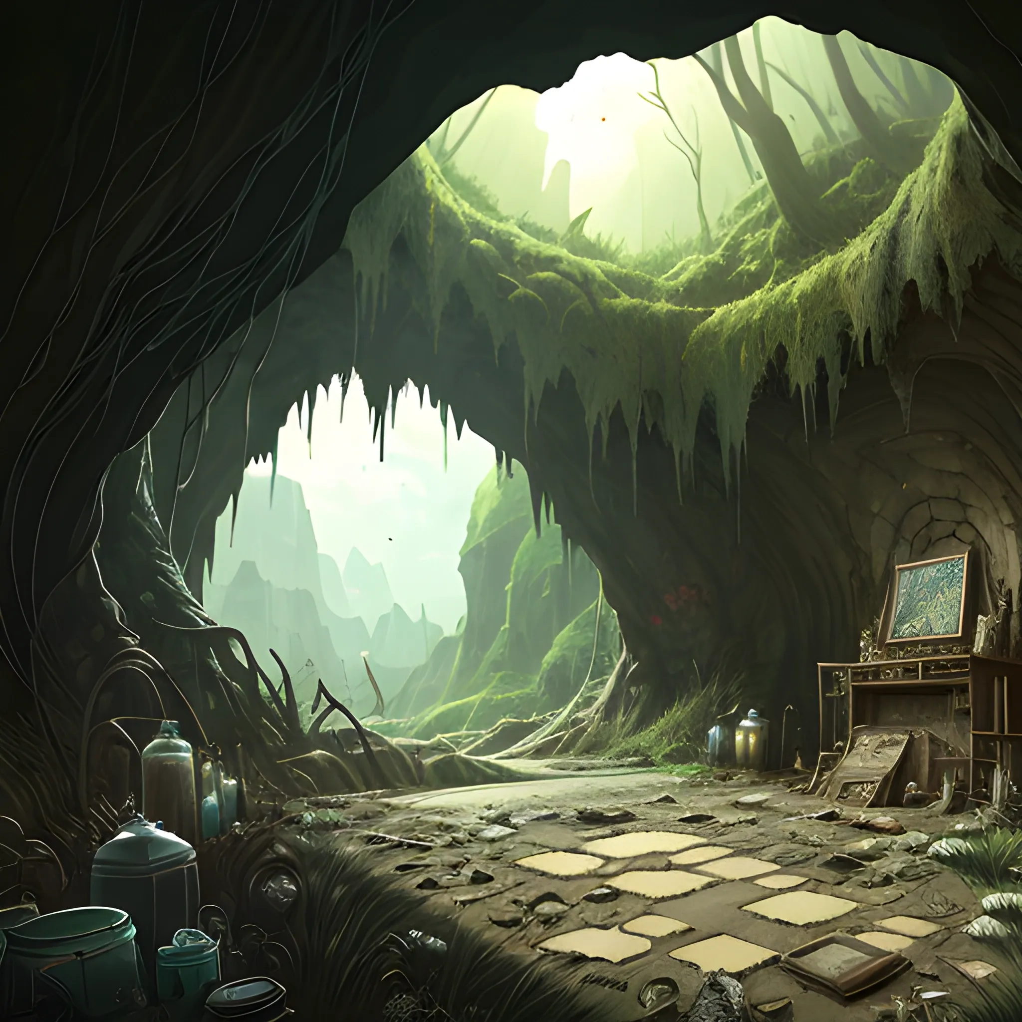 interior of a dilapidated cave with skulls, grass, cobwebs and trash on the ground with a small entrance above... in the style of makoto shinkai and greg rutkowski and albert bierstadt and james gurney, Cartoon