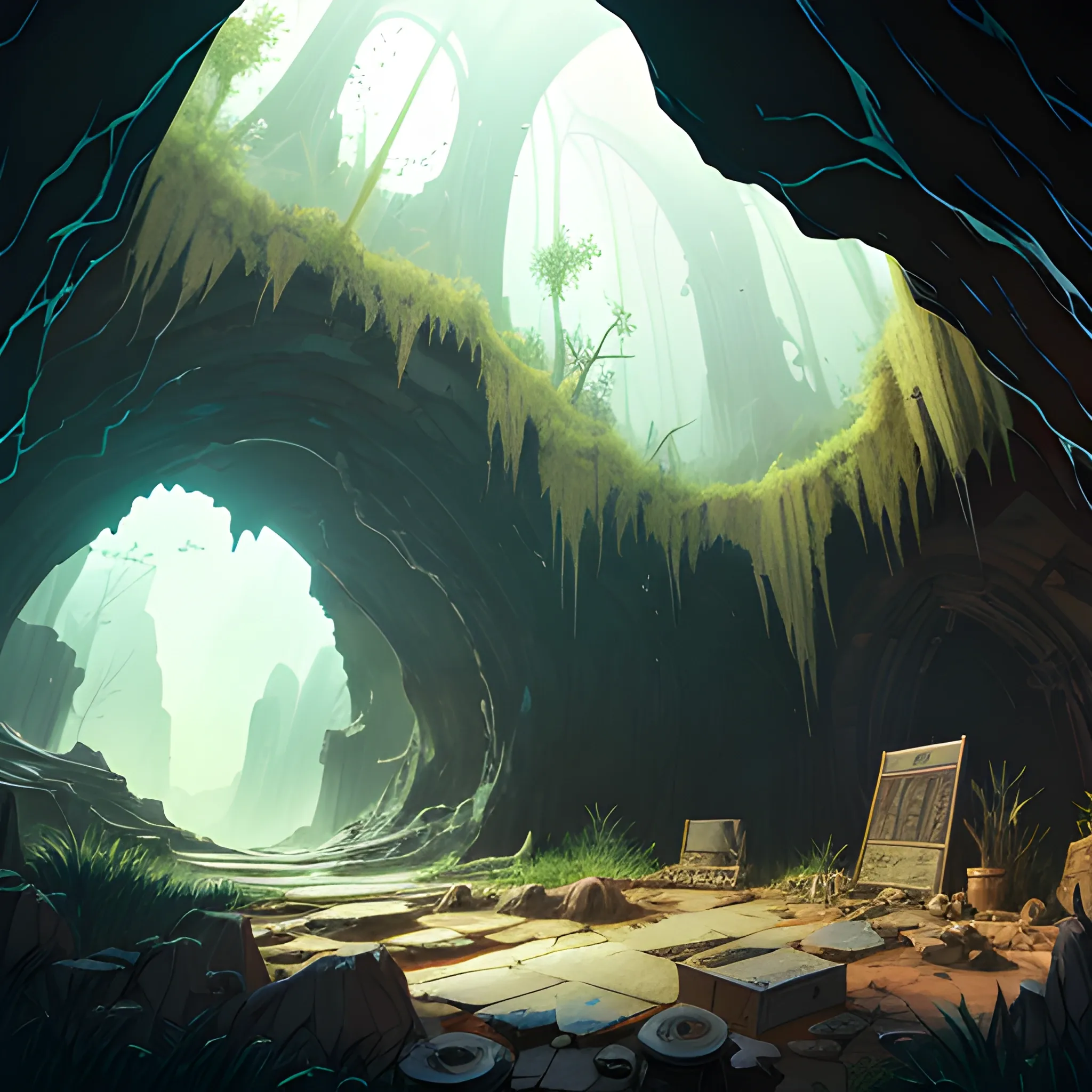 interior of a dilapidated cave with skulls, grass, cobwebs and trash on the ground with a small entrance above... in the style of makoto shinkai and greg rutkowski and albert bierstadt and james gurney, Cartoon