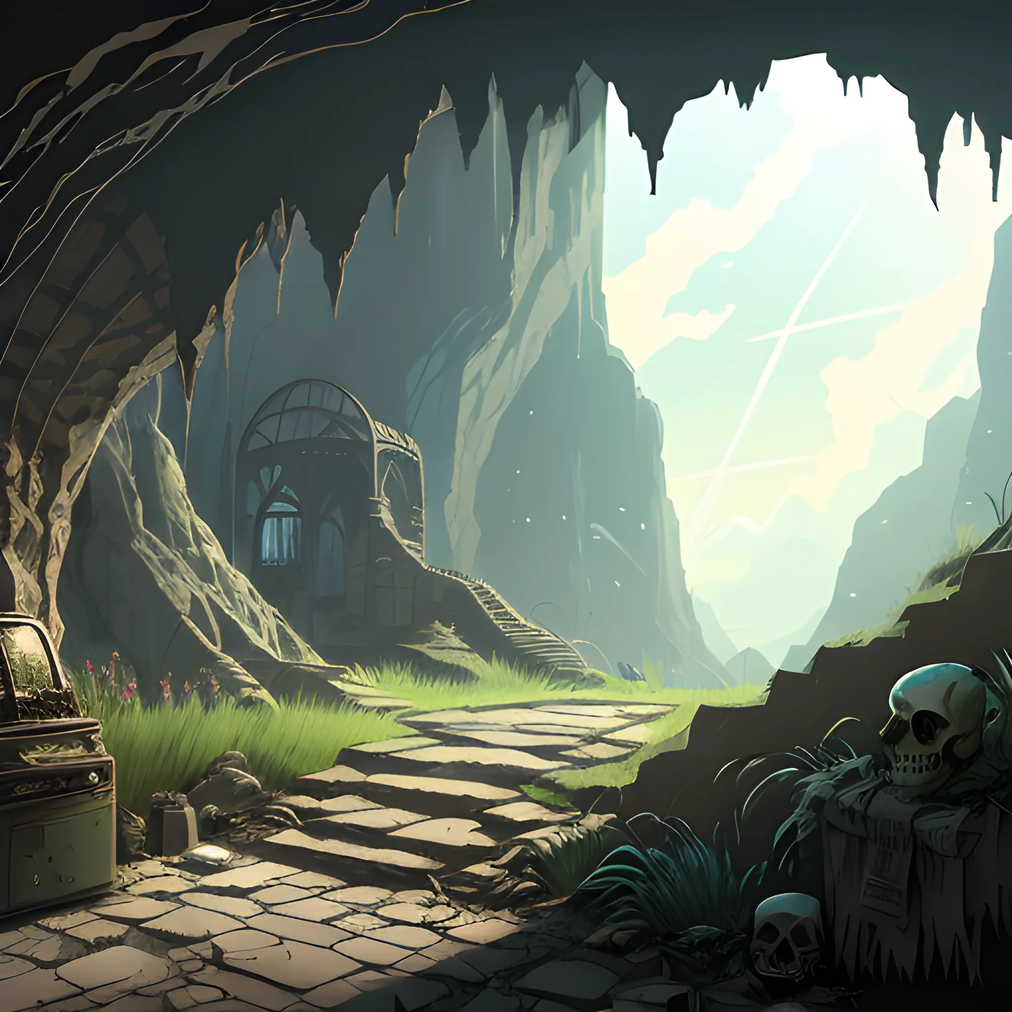 interior of a dilapidated cave with skulls, grass, cobwebs and trash on the ground with a small entrance above... in the style of makoto shinkai and greg rutkowski and albert bierstadt and james gurney, Cartoon