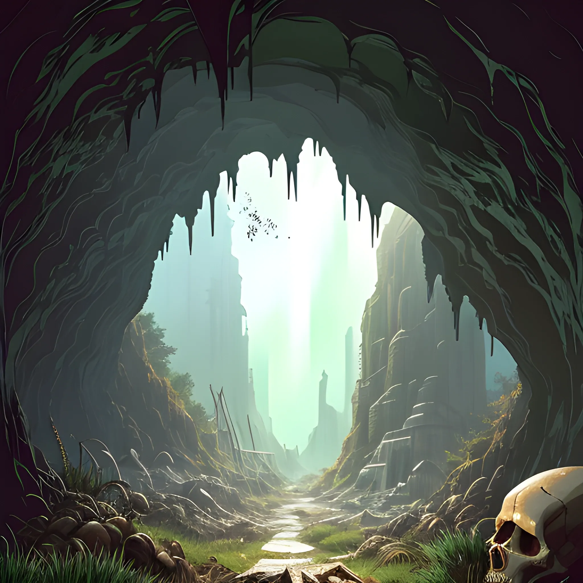 interior of a dilapidated cave with skulls, grass, cobwebs and trash on the ground with a small entrance above... in the style of makoto shinkai and greg rutkowski and albert bierstadt and james gurney, Cartoon