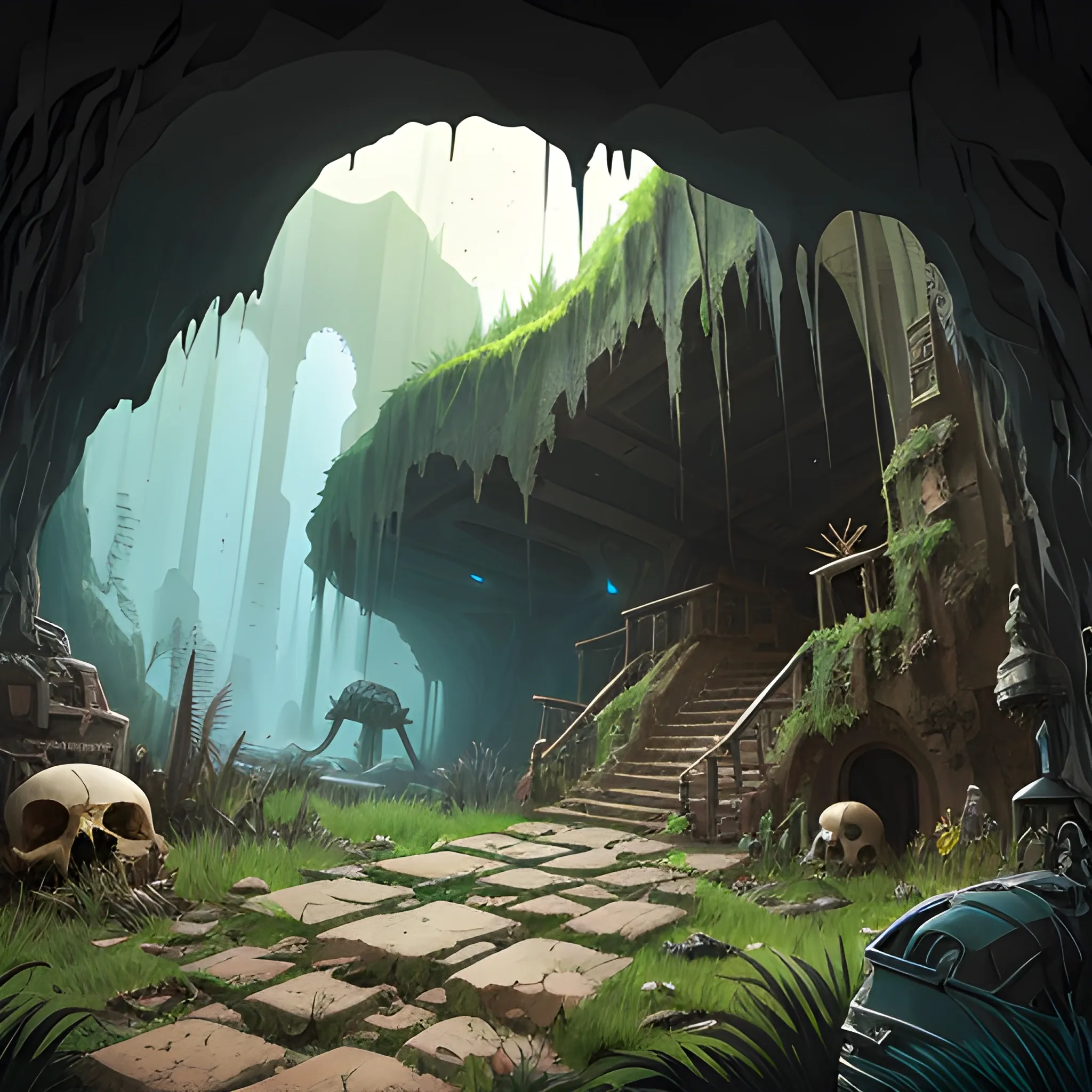 interior of a dilapidated cave with skulls, grass, cobwebs and trash on the ground with a small entrance above... in the style of makoto shinkai and greg rutkowski and albert bierstadt and james gurney, Cartoon