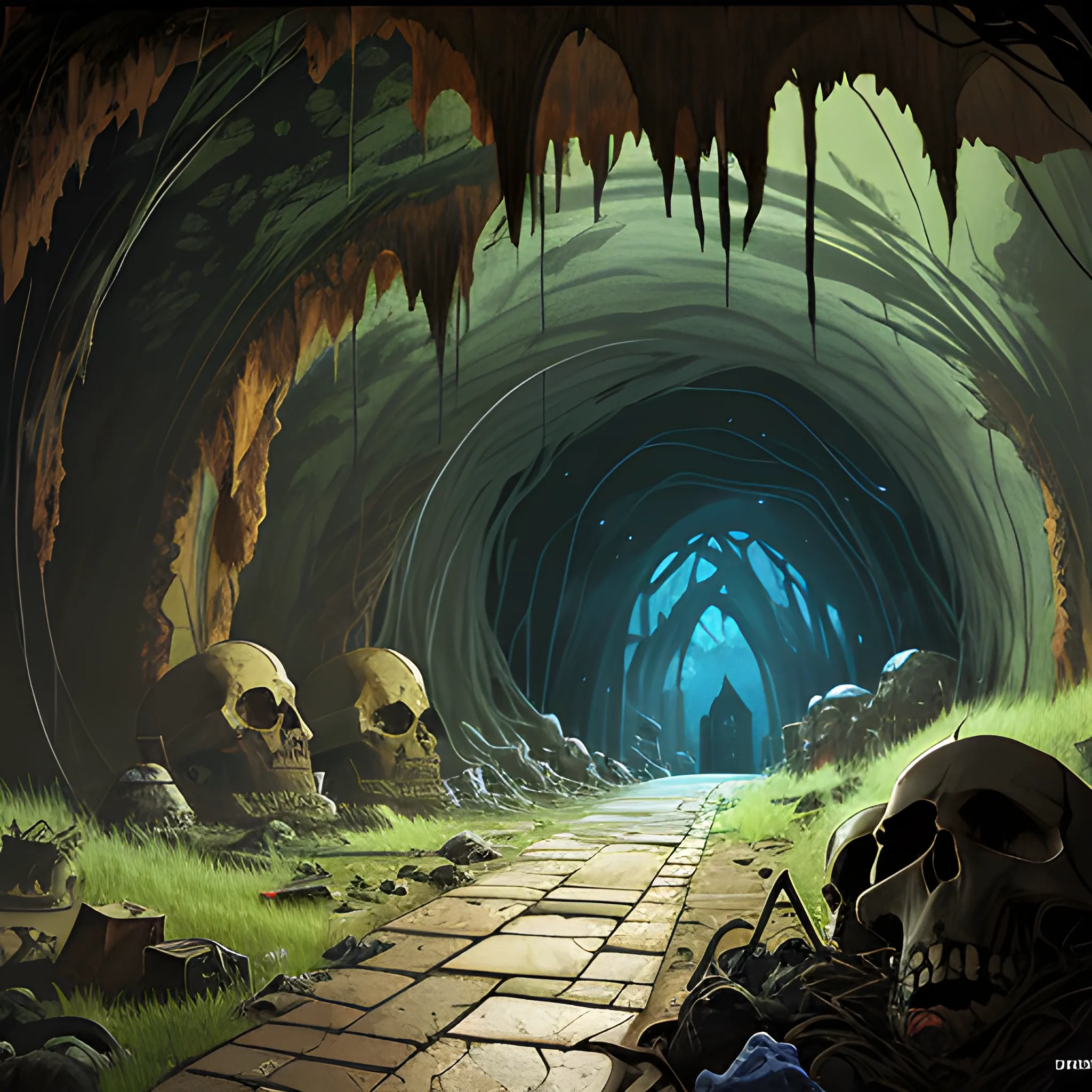 interior of a dilapidated cave with skulls, grass, cobwebs and trash on the ground with a small entrance above... in the style of makoto shinkai and greg rutkowski and albert bierstadt and james gurney, Cartoon