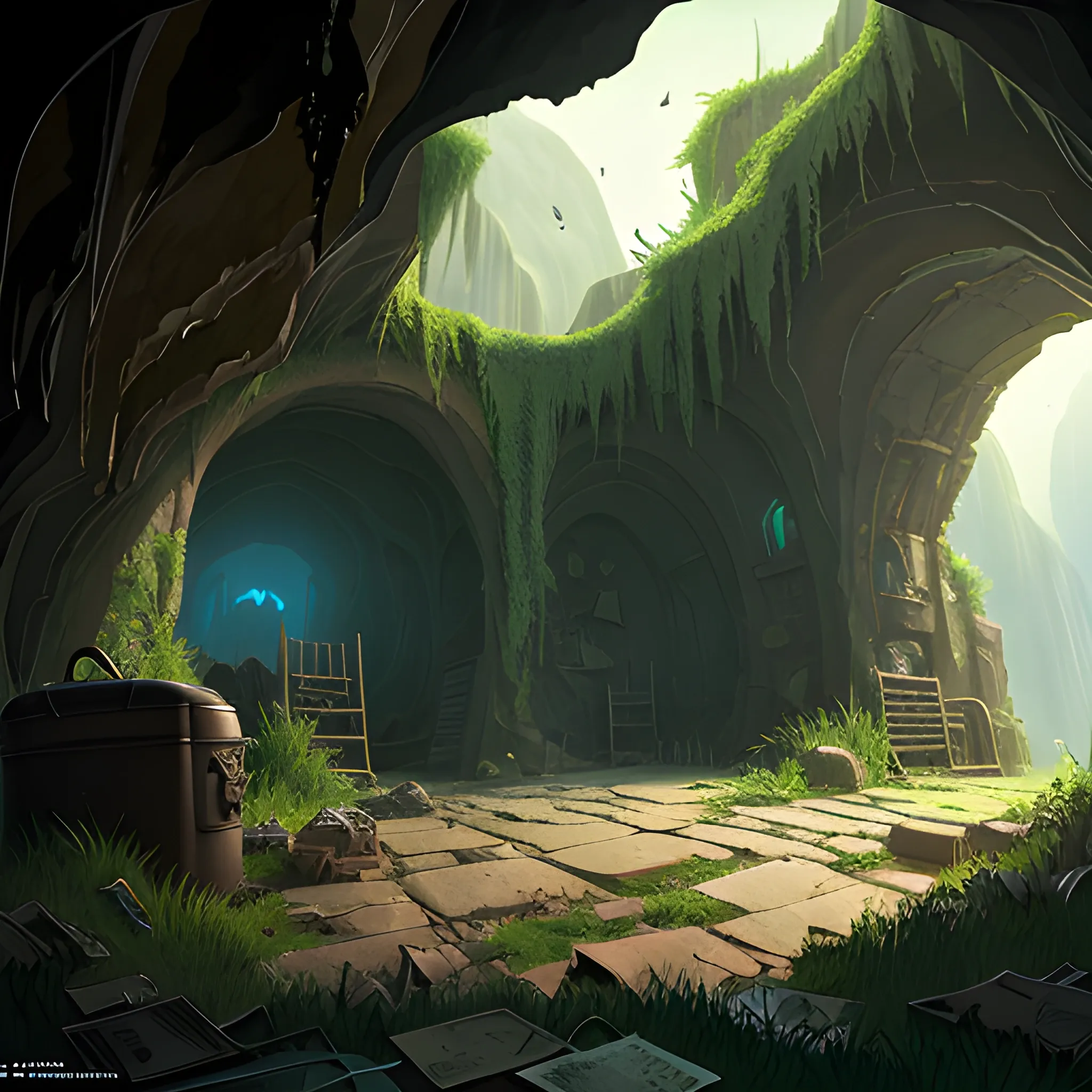 interior of a dilapidated cave with skulls, grass, cobwebs and trash on the ground with a small entrance above... in the style of makoto shinkai and greg rutkowski and albert bierstadt and james gurney, Cartoon