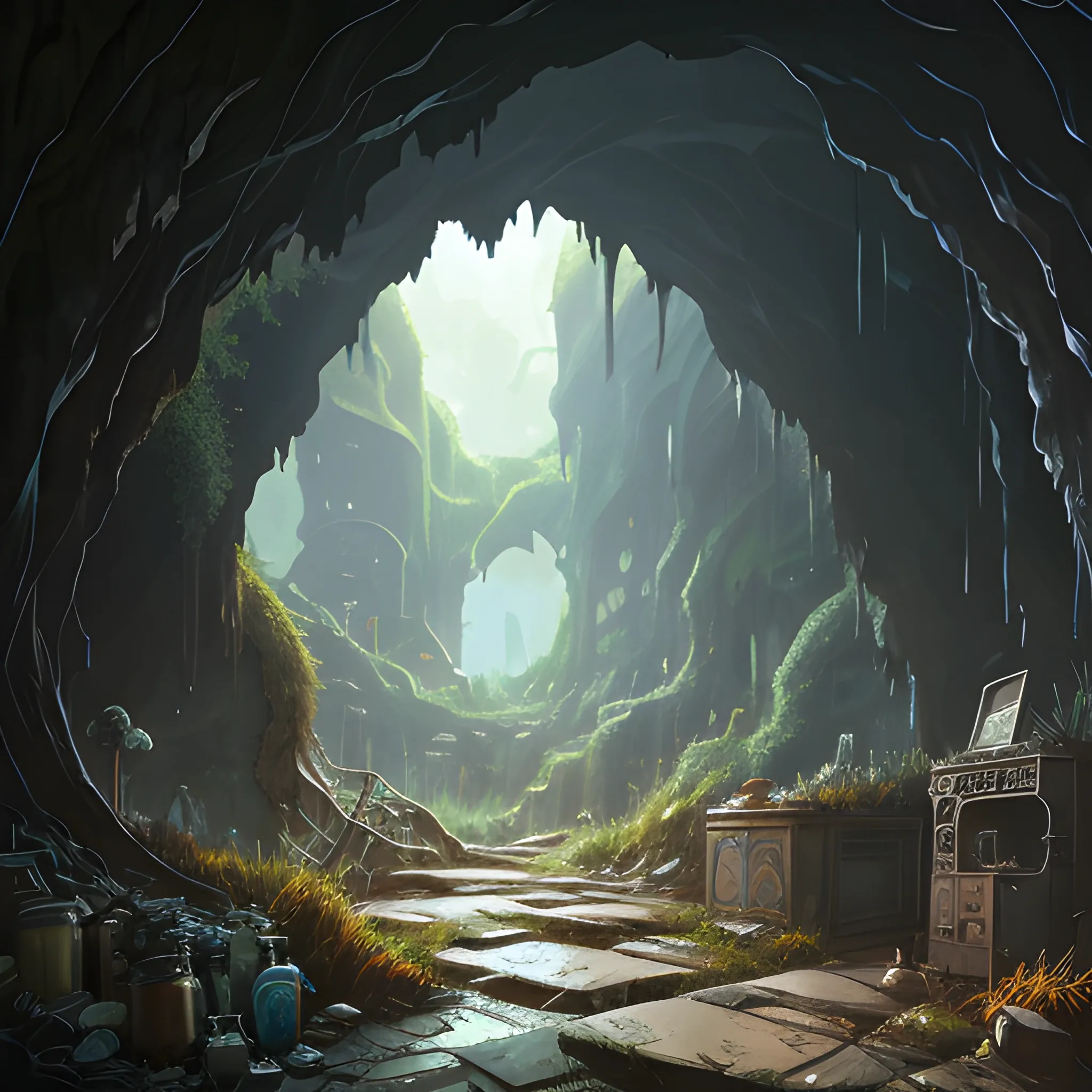 interior of a dilapidated cave with skulls, grass, cobwebs and trash on the ground with a small entrance above... in the style of makoto shinkai and greg rutkowski and albert bierstadt and james gurney, Cartoon