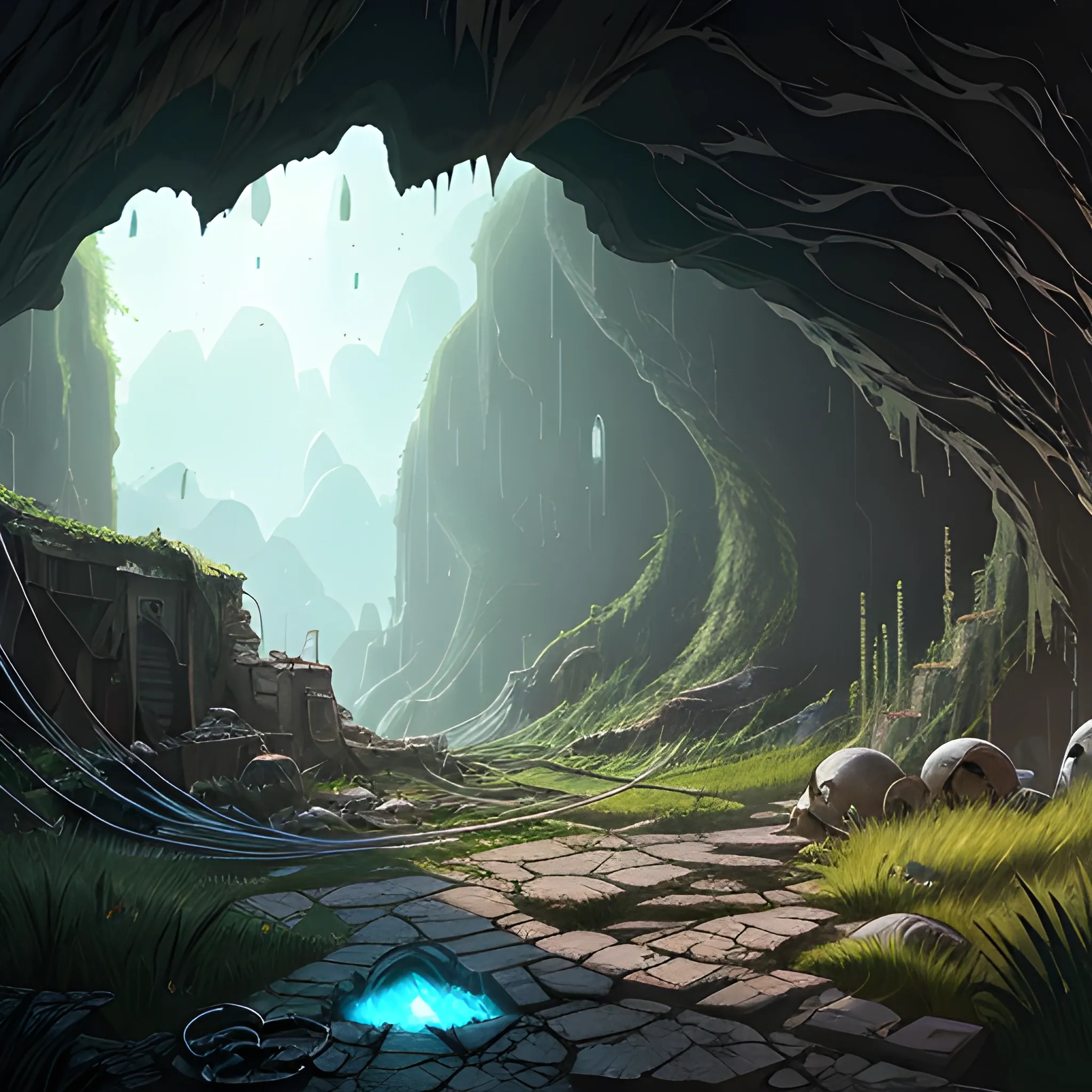 interior of a dilapidated cave with skulls, grass, cobwebs and trash on the ground with a small entrance above... in the style of makoto shinkai and greg rutkowski and albert bierstadt and james gurney, Cartoon