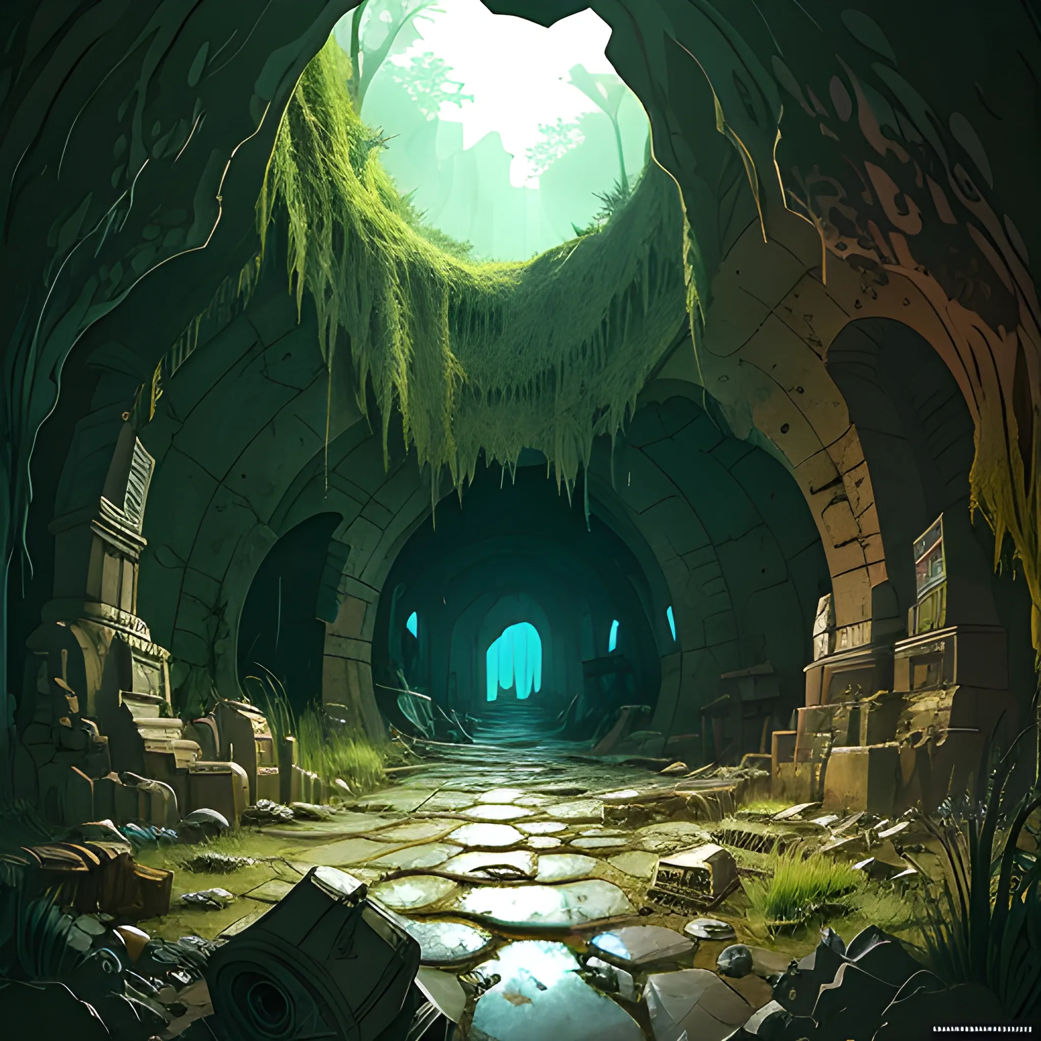 interior of a dilapidated cave with skulls, grass, cobwebs and trash on the ground with a small entrance above... in the style of makoto shinkai and greg rutkowski and albert bierstadt and james gurney, Cartoon