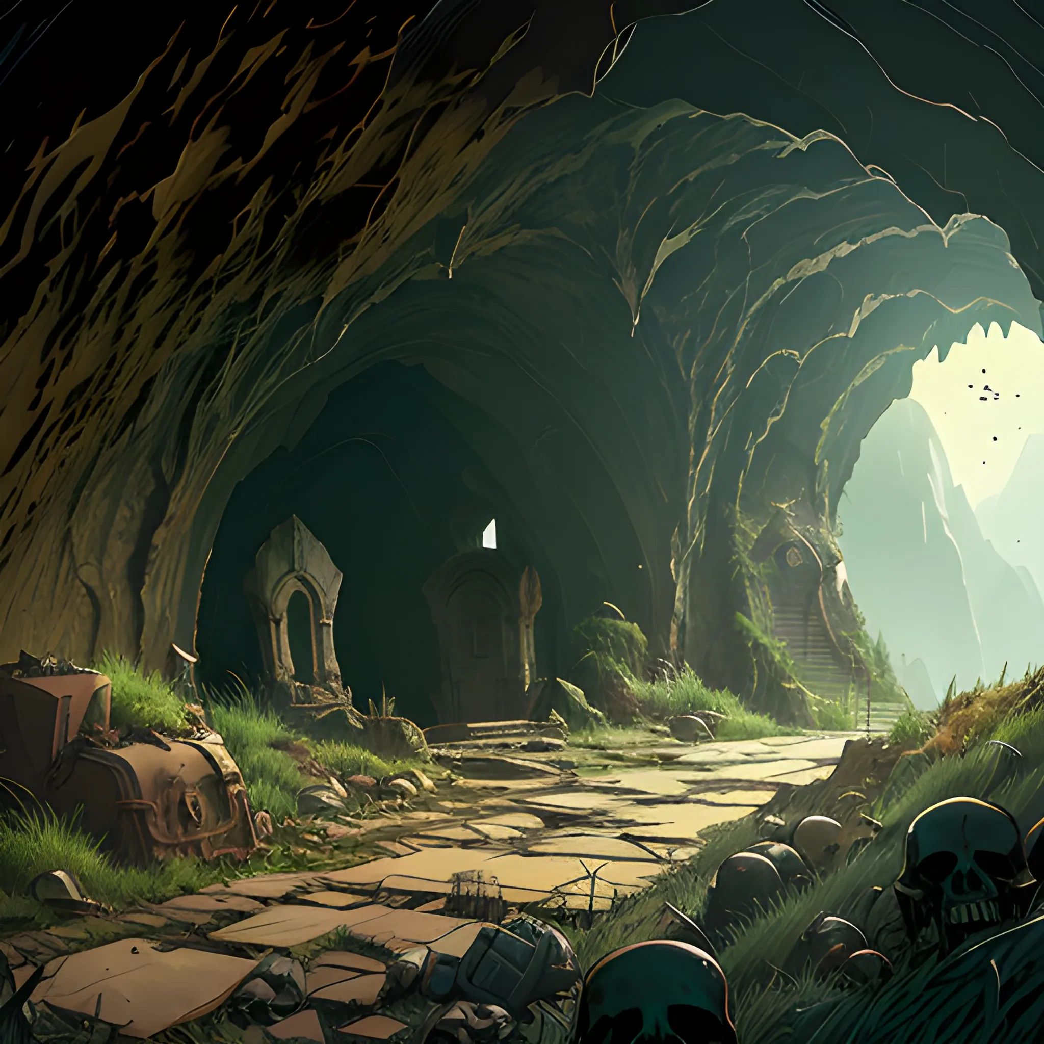 interior of a dilapidated cave with skulls, grass, cobwebs and trash on the ground with a small entrance above... in the style of makoto shinkai and greg rutkowski and albert bierstadt and james gurney, Cartoon