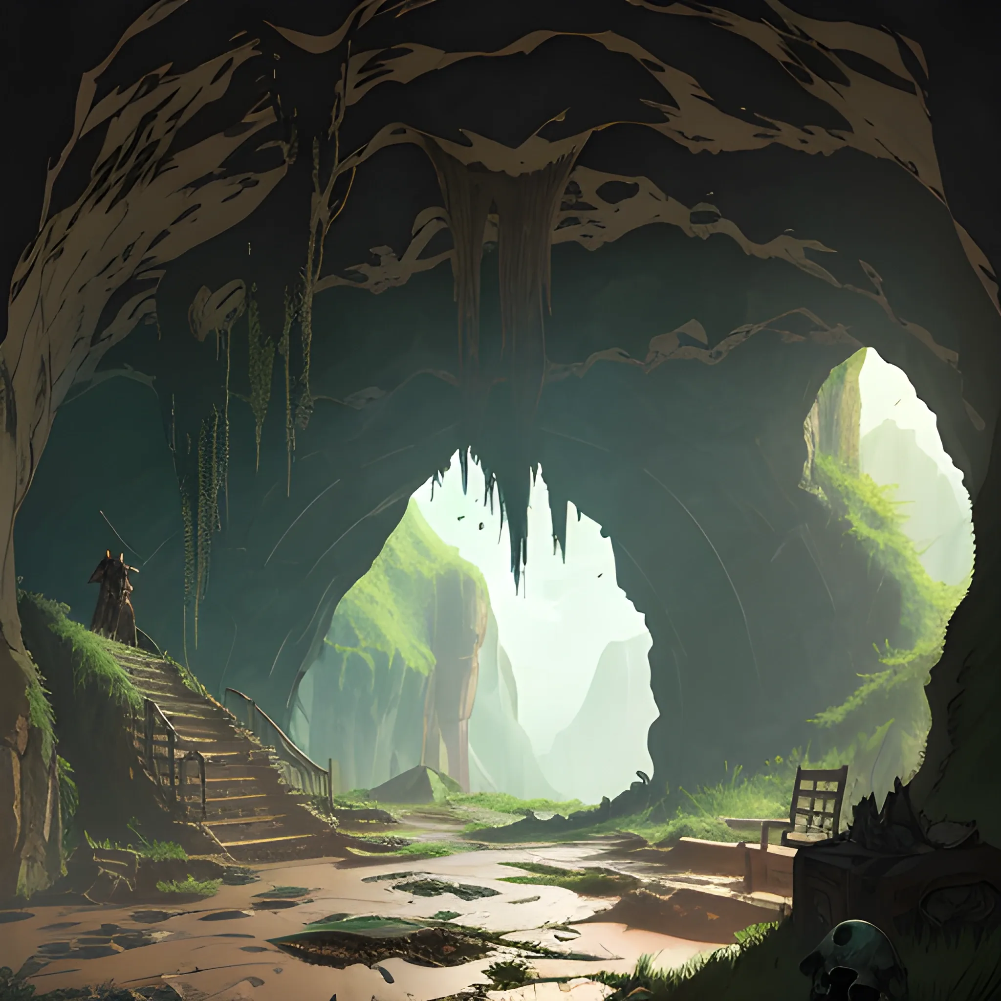 interior of a dilapidated cave with skulls, grass, cobwebs and trash on the ground with a small entrance above... in the style of makoto shinkai and greg rutkowski and albert bierstadt and james gurney, Cartoon