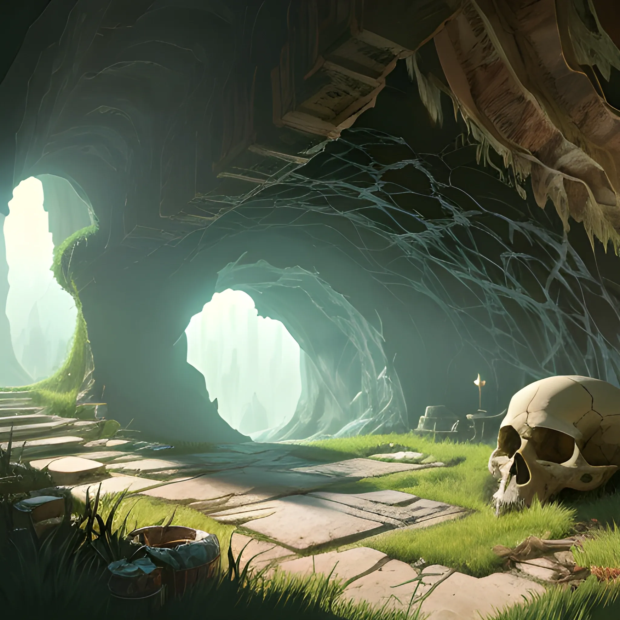 interior of a dilapidated cave with skulls, grass, cobwebs and trash on the ground with a small entrance above... in the style of makoto shinkai and greg rutkowski and albert bierstadt and james gurney, Cartoon