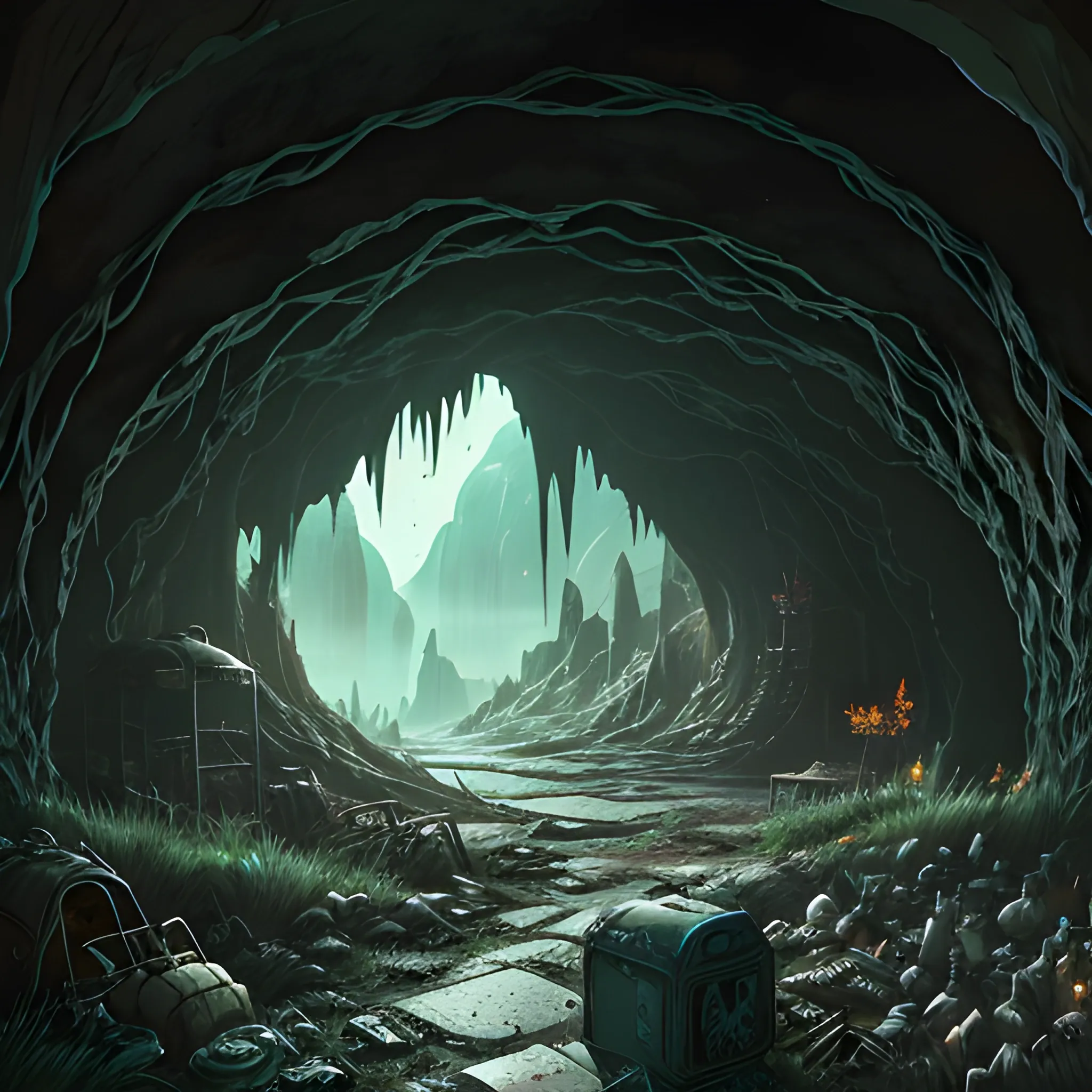 interior of a dilapidated cave with skulls, grass, cobwebs and trash on the ground with a small entrance above... in the style of makoto shinkai and greg rutkowski and albert bierstadt and james gurney, Cartoon